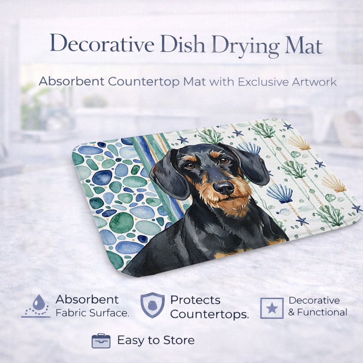 Picture of Carolines Treasures WDK7001DDM 21 x 14 in. Wirehaired Black & Tan Dachshund Coastal Sea Glass Dish Drying Mat