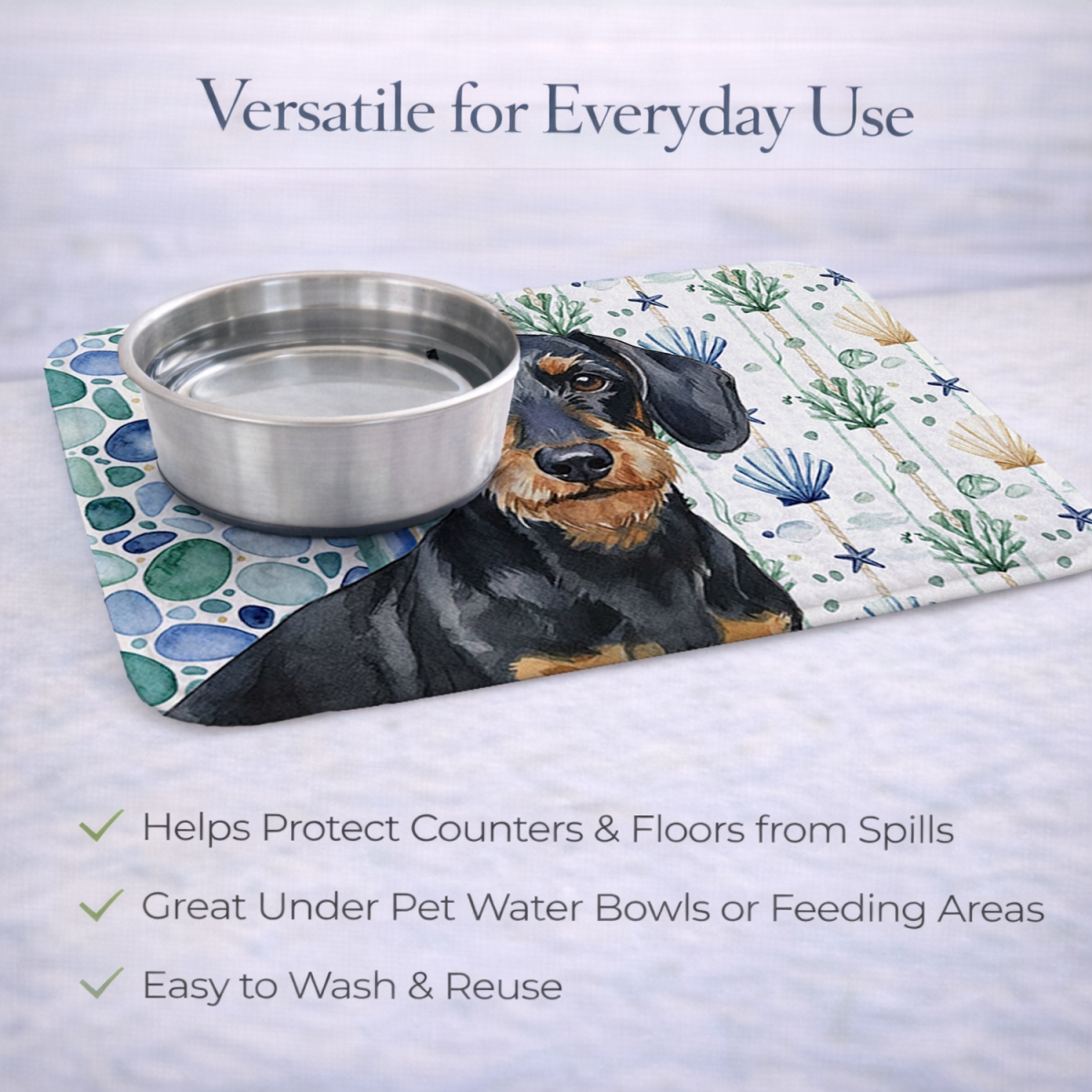 Picture of Carolines Treasures WDK7001DDM 21 x 14 in. Wirehaired Black & Tan Dachshund Coastal Sea Glass Dish Drying Mat