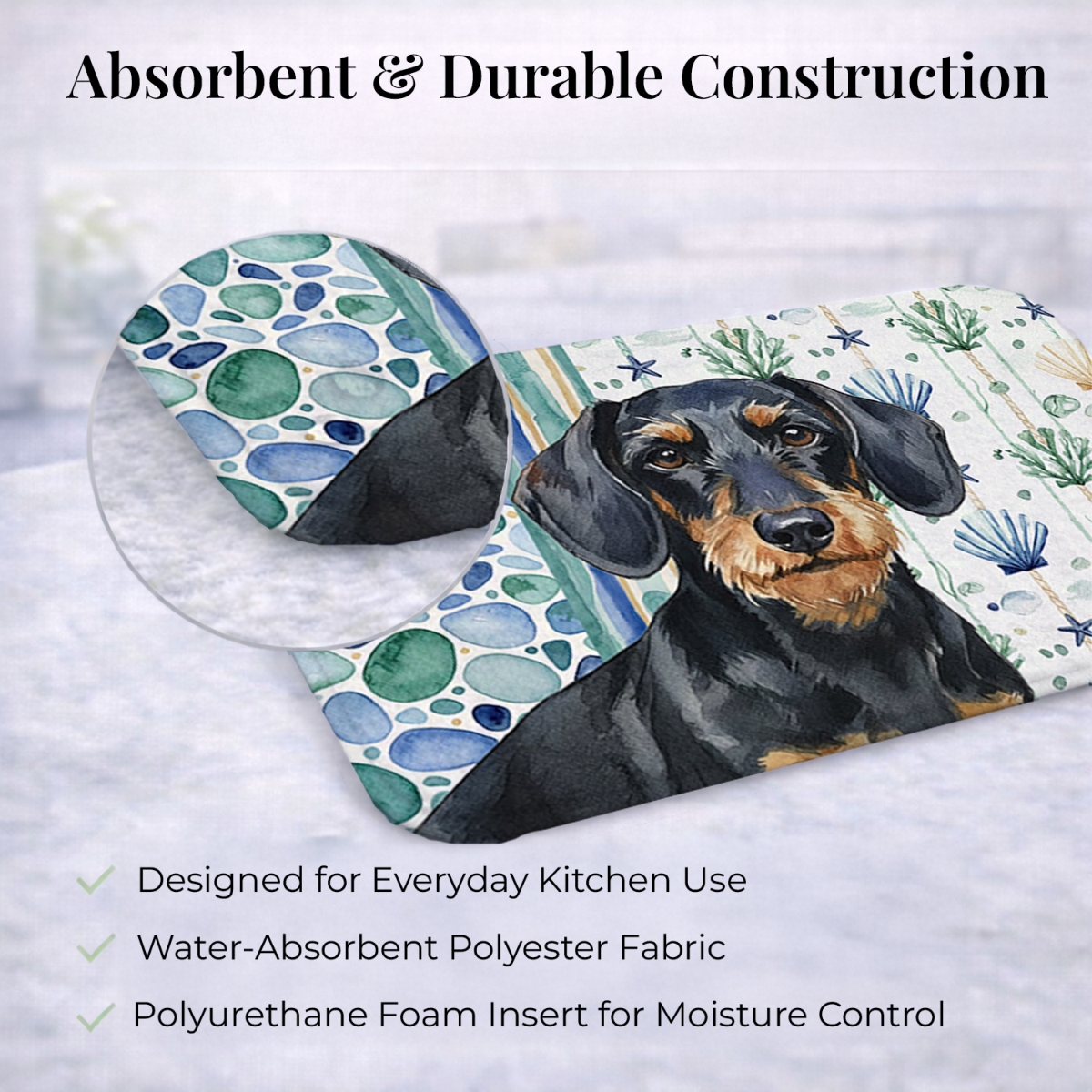 Picture of Carolines Treasures WDK7001DDM 21 x 14 in. Wirehaired Black & Tan Dachshund Coastal Sea Glass Dish Drying Mat