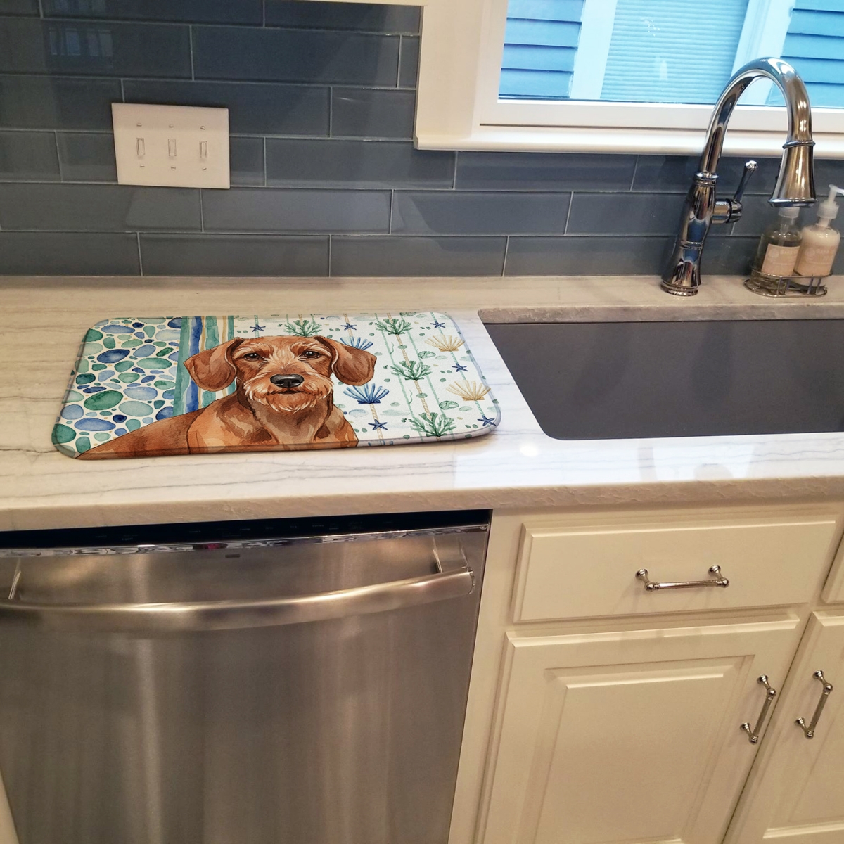 Picture of Carolines Treasures WDK7002DDM 21 x 14 in. Wirehaired Red Dachshund Coastal Sea Glass Dish Drying Mat