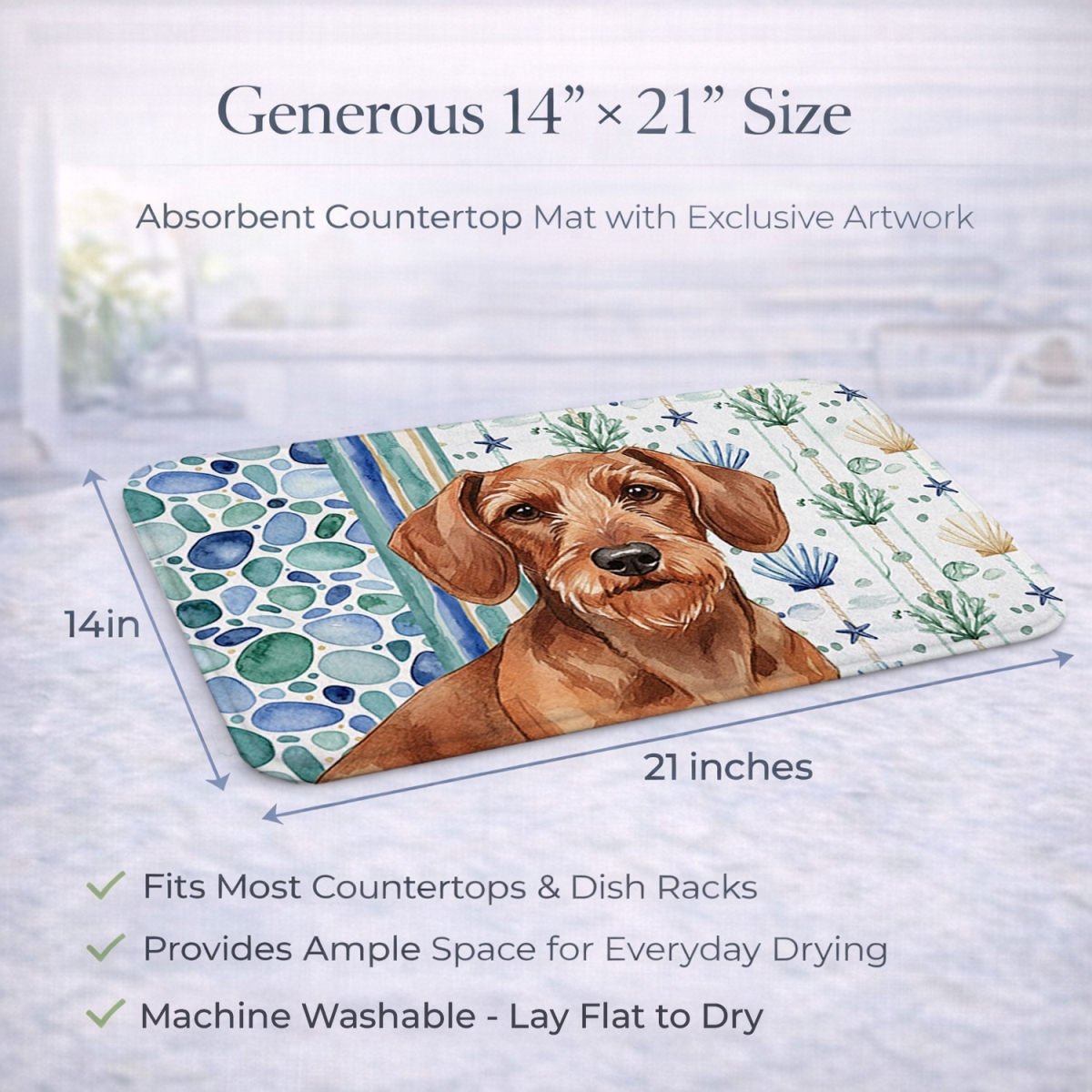 Picture of Carolines Treasures WDK7002DDM 21 x 14 in. Wirehaired Red Dachshund Coastal Sea Glass Dish Drying Mat
