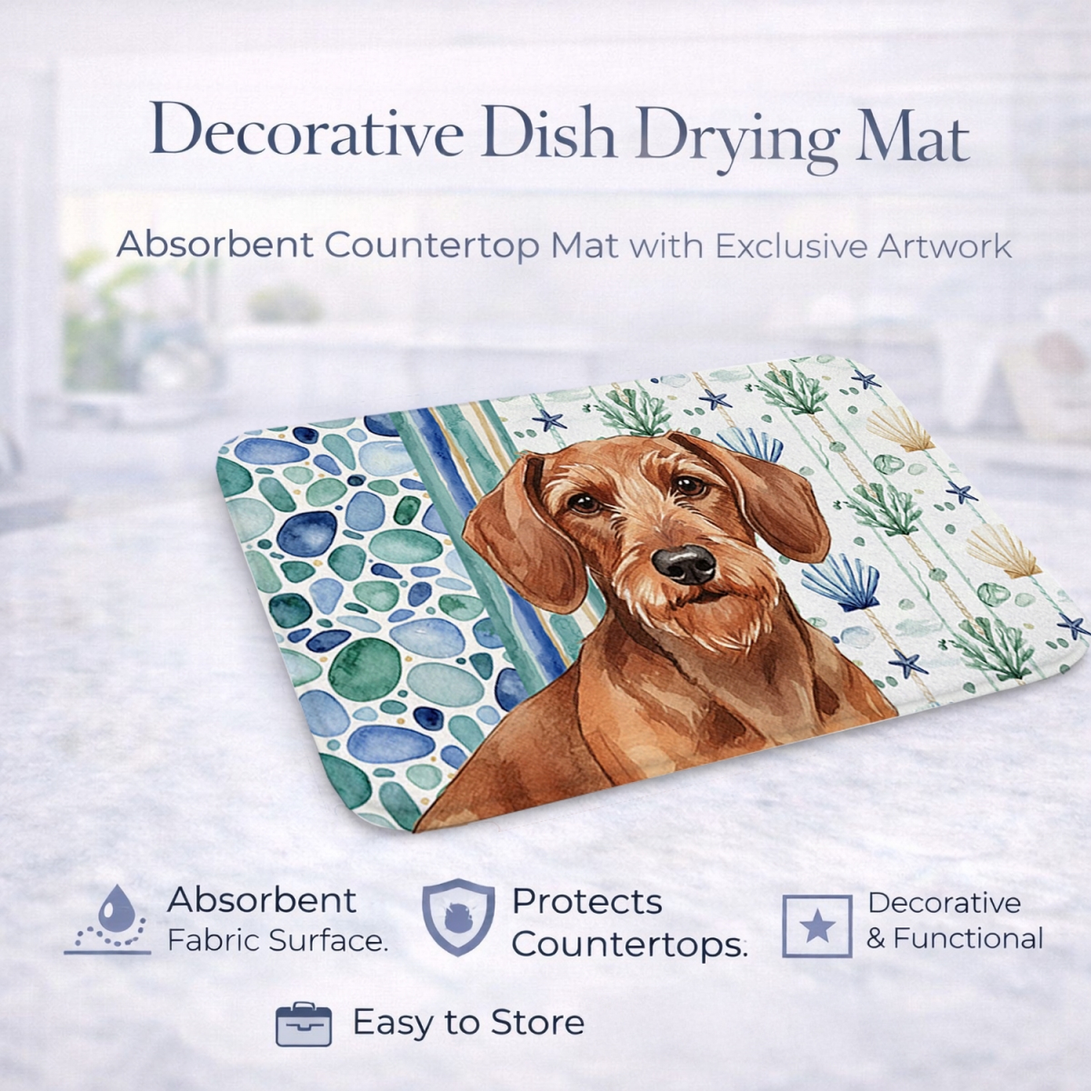 Picture of Carolines Treasures WDK7002DDM 21 x 14 in. Wirehaired Red Dachshund Coastal Sea Glass Dish Drying Mat