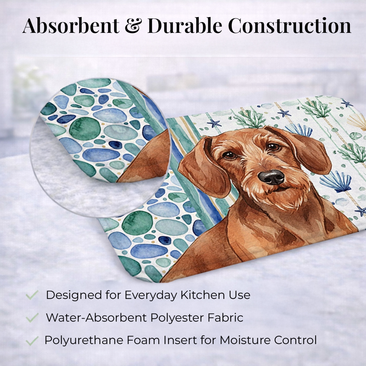 Picture of Carolines Treasures WDK7002DDM 21 x 14 in. Wirehaired Red Dachshund Coastal Sea Glass Dish Drying Mat
