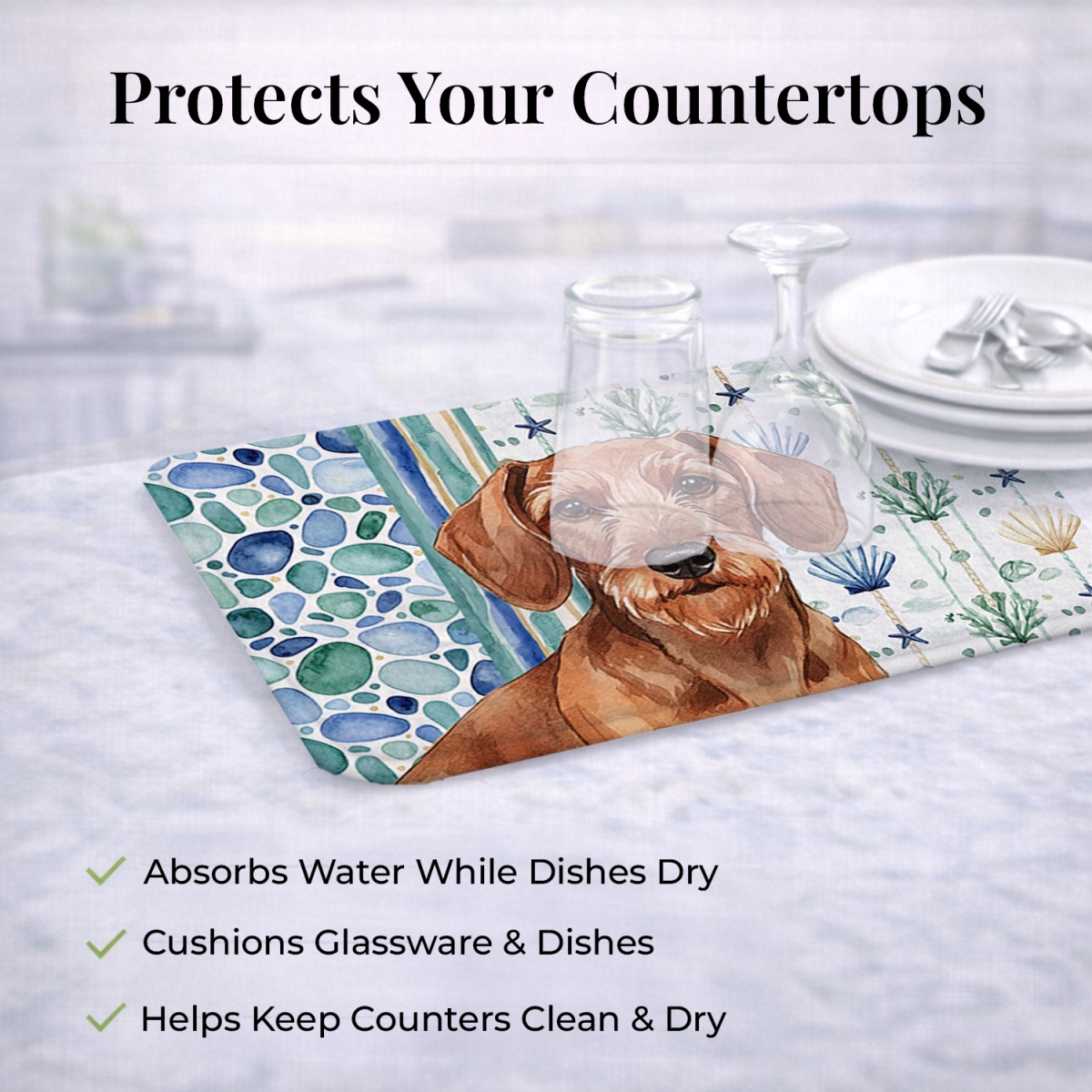 Picture of Carolines Treasures WDK7002DDM 21 x 14 in. Wirehaired Red Dachshund Coastal Sea Glass Dish Drying Mat