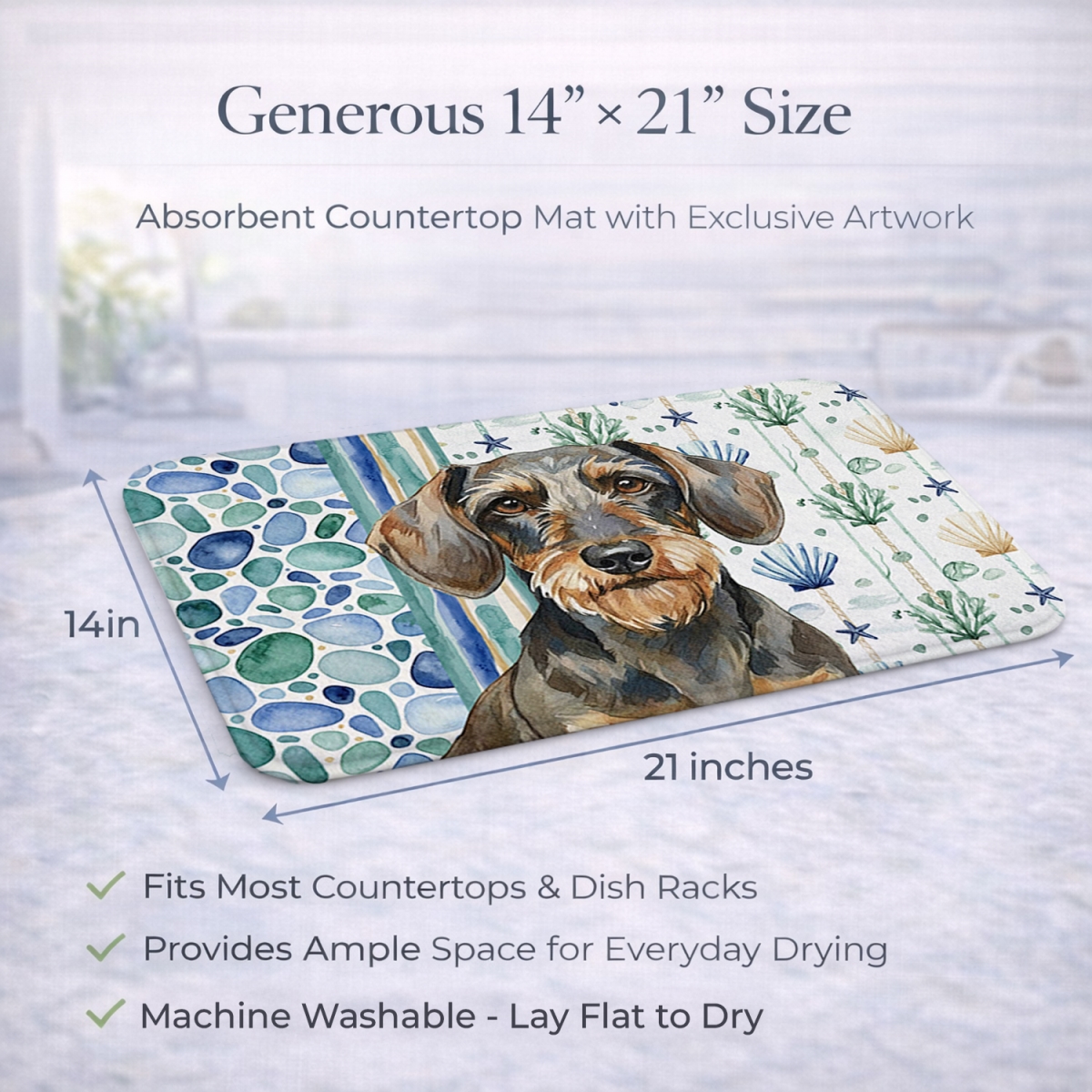 Picture of Carolines Treasures WDK7003DDM 21 x 14 in. Wirehaired Wild Boar Dachshund Coastal Sea Glass Dish Drying Mat