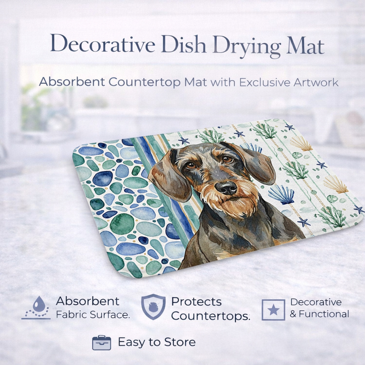 Picture of Carolines Treasures WDK7003DDM 21 x 14 in. Wirehaired Wild Boar Dachshund Coastal Sea Glass Dish Drying Mat
