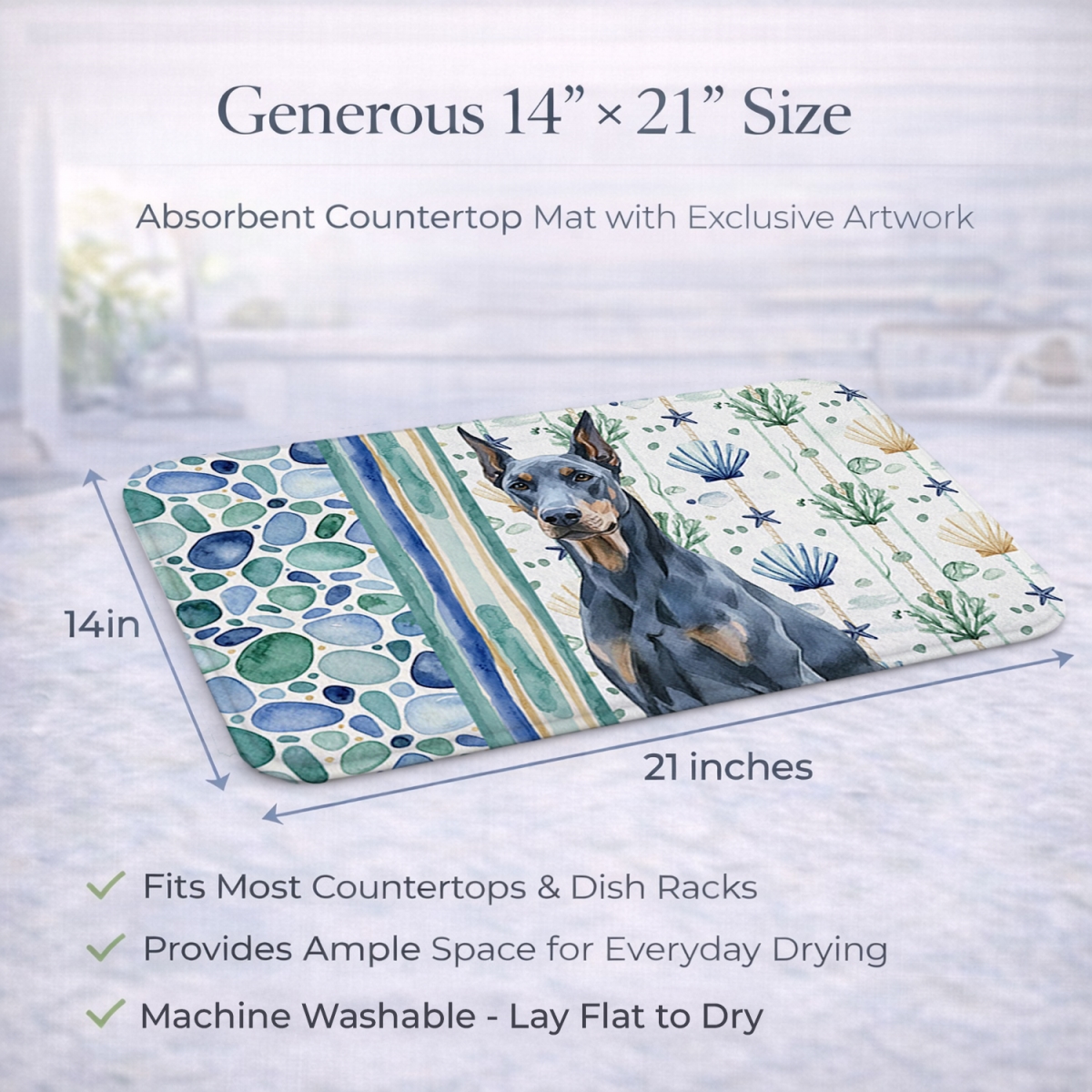 Picture of Carolines Treasures WDK7006DDM 21 x 14 in. Blue Doberman Pinscher Coastal Sea Glass Dish Drying Mat