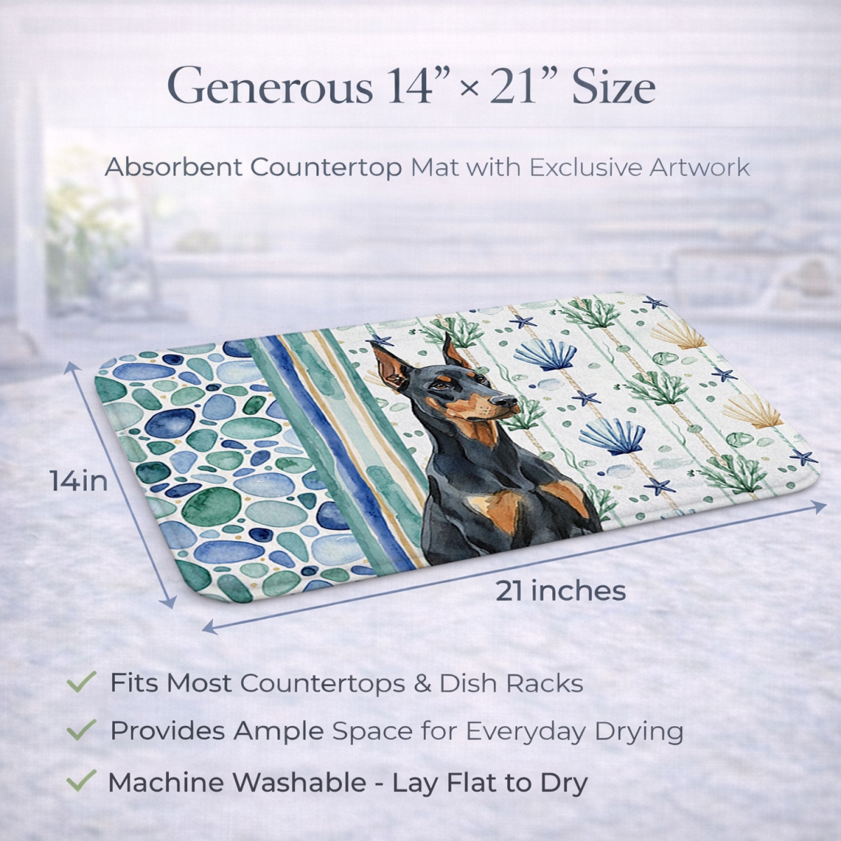 Picture of Carolines Treasures WDK7007DDM 21 x 14 in. Doberman Pinscher Coastal Sea Glass Dish Drying Mat