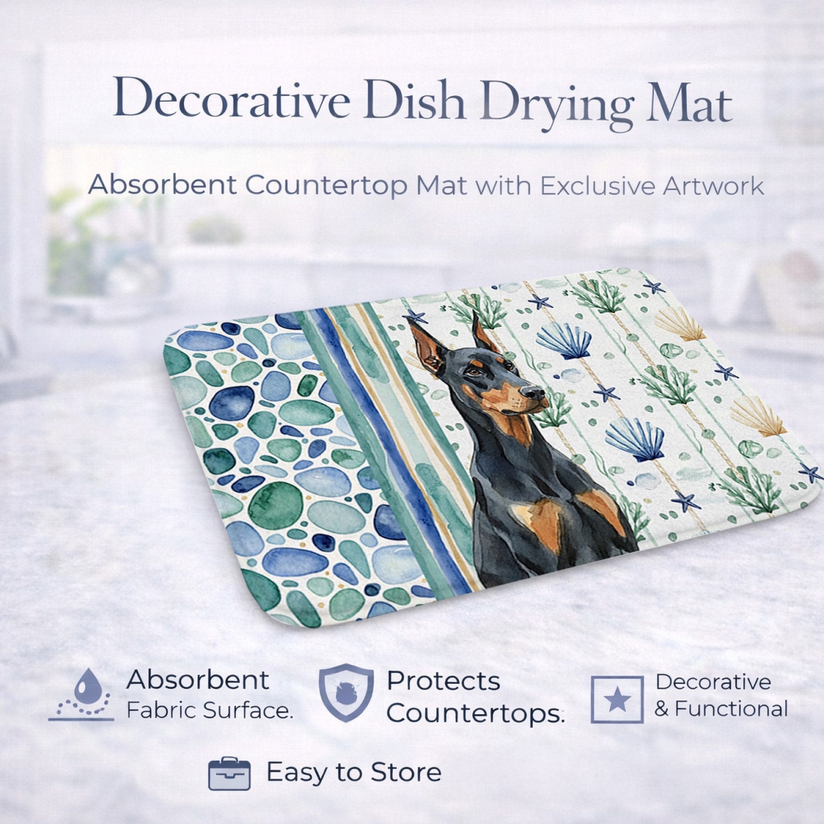 Picture of Carolines Treasures WDK7007DDM 21 x 14 in. Doberman Pinscher Coastal Sea Glass Dish Drying Mat