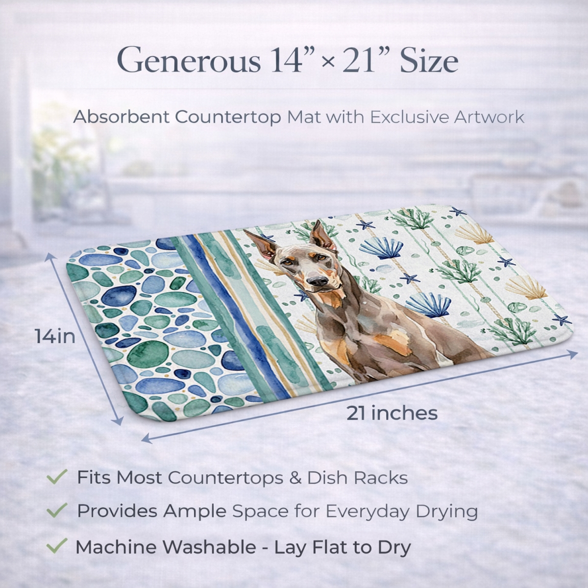 Picture of Carolines Treasures WDK7008DDM 21 x 14 in. Fawn Doberman Pinscher Coastal Sea Glass Dish Drying Mat