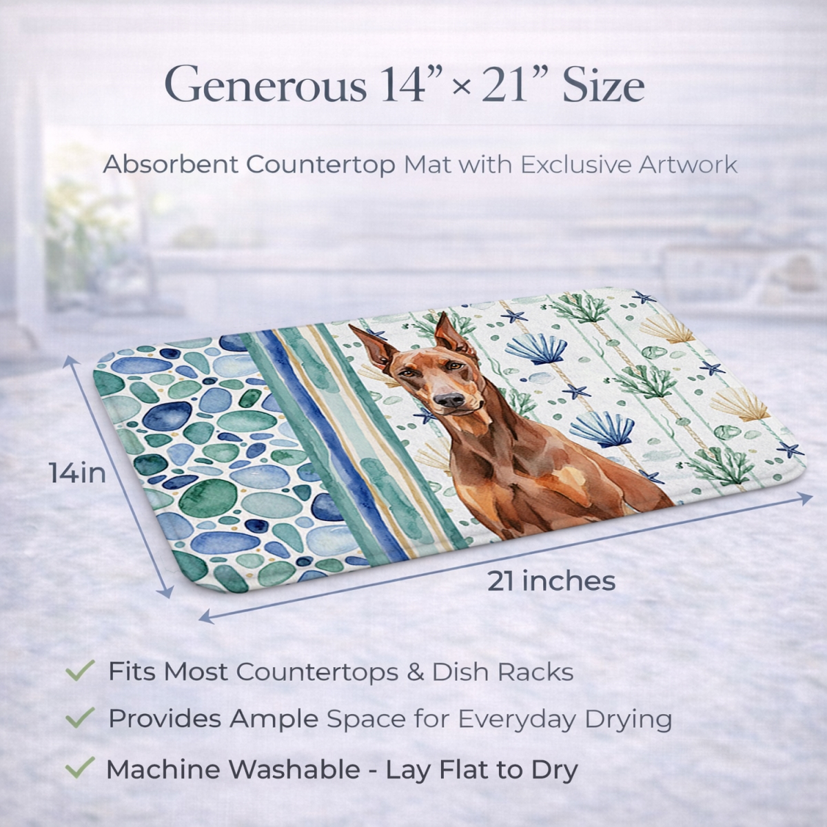 Picture of Carolines Treasures WDK7009DDM 21 x 14 in. Red Doberman Pinscher Coastal Sea Glass Dish Drying Mat