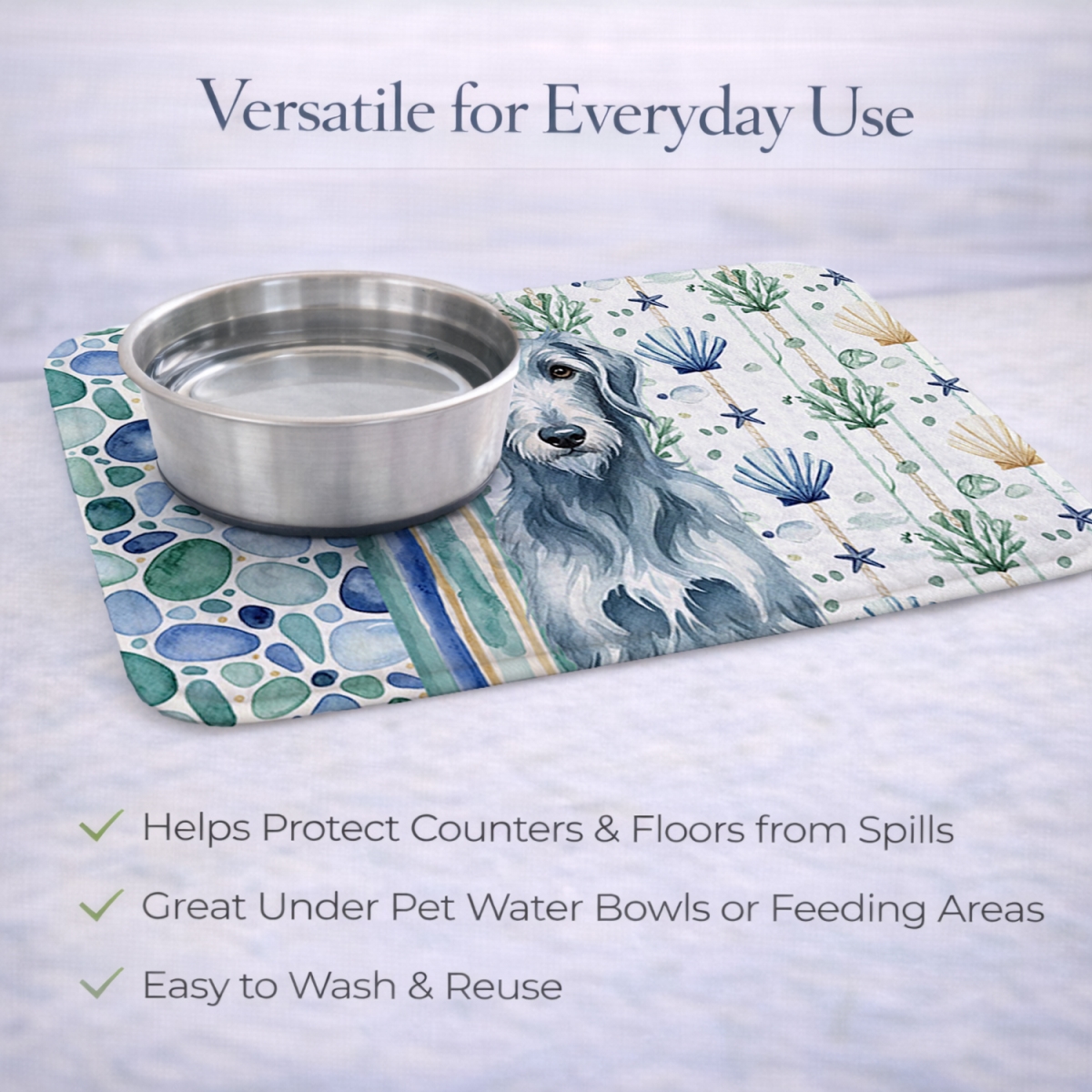 Picture of Carolines Treasures WDK7202DDM 21 x 14 in. Blue-Gray Scottish Deerhound Coastal Sea Glass Dish Drying Mat
