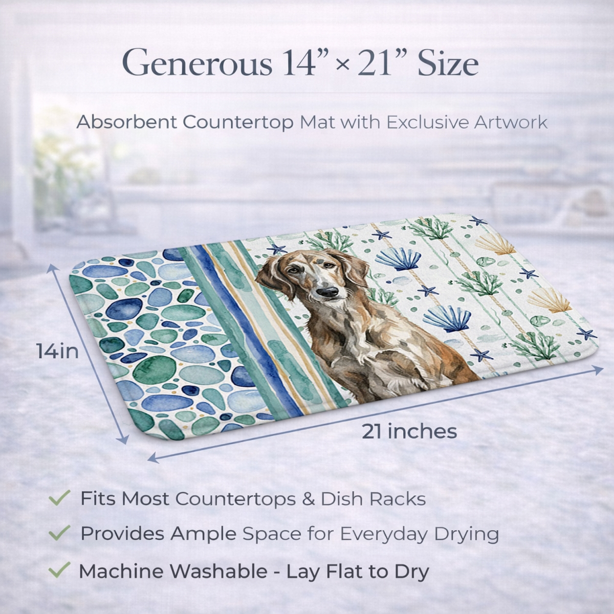Picture of Carolines Treasures WDK7203DDM 21 x 14 in. Brindle Scottish Deerhound Coastal Sea Glass Dish Drying Mat