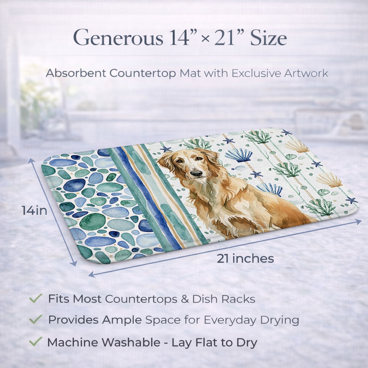 Picture of Carolines Treasures WDK7204DDM 21 x 14 in. Wheaten Scottish Deerhound Coastal Sea Glass Dish Drying Mat