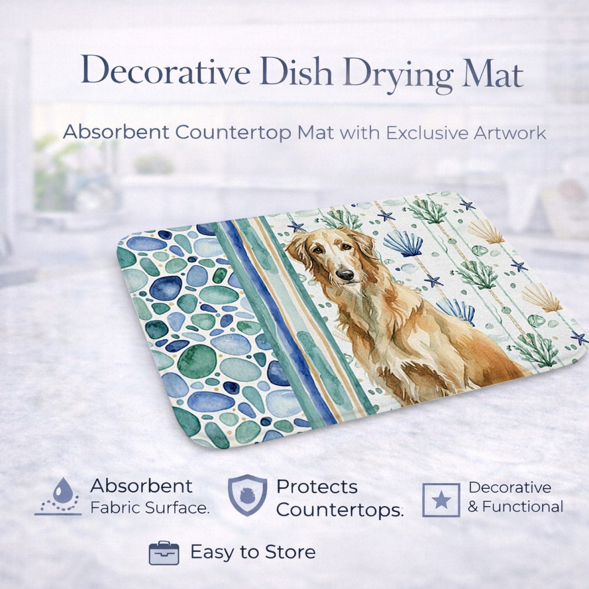 Picture of Carolines Treasures WDK7204DDM 21 x 14 in. Wheaten Scottish Deerhound Coastal Sea Glass Dish Drying Mat