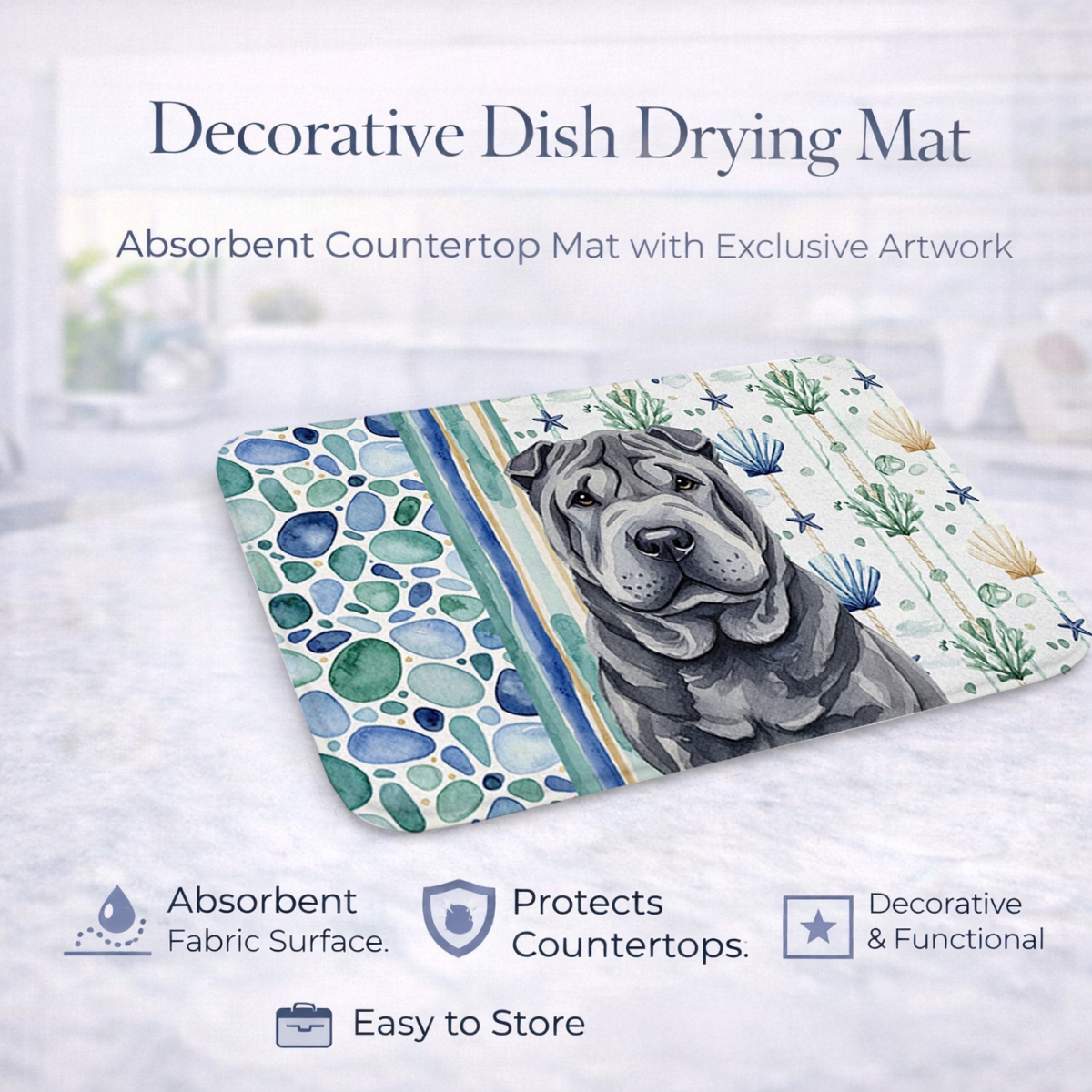 Picture of Carolines Treasures WDK7207DDM 21 x 14 in. Black Shar Pei Coastal Sea Glass Dish Drying Mat