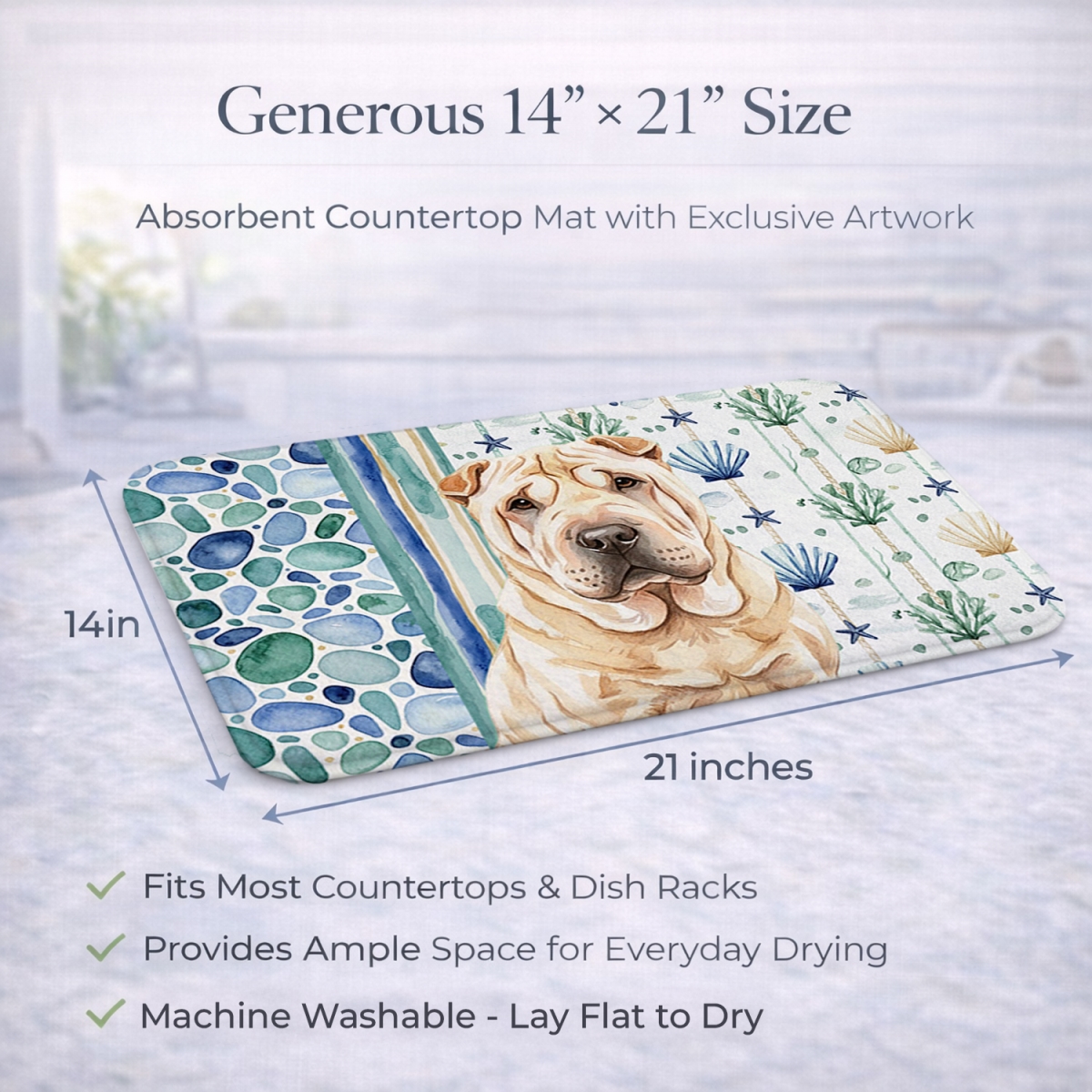 Picture of Carolines Treasures WDK7208DDM 21 x 14 in. Shar Pei Coastal Sea Glass Dish Drying Mat
