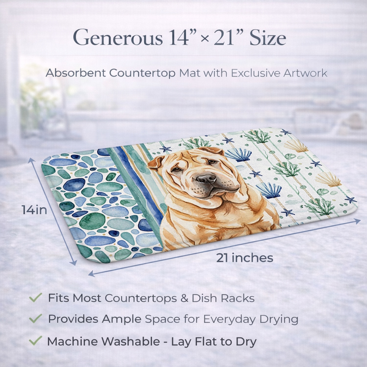 Picture of Carolines Treasures WDK7209DDM 21 x 14 in. Red Shar Pei Coastal Sea Glass Dish Drying Mat
