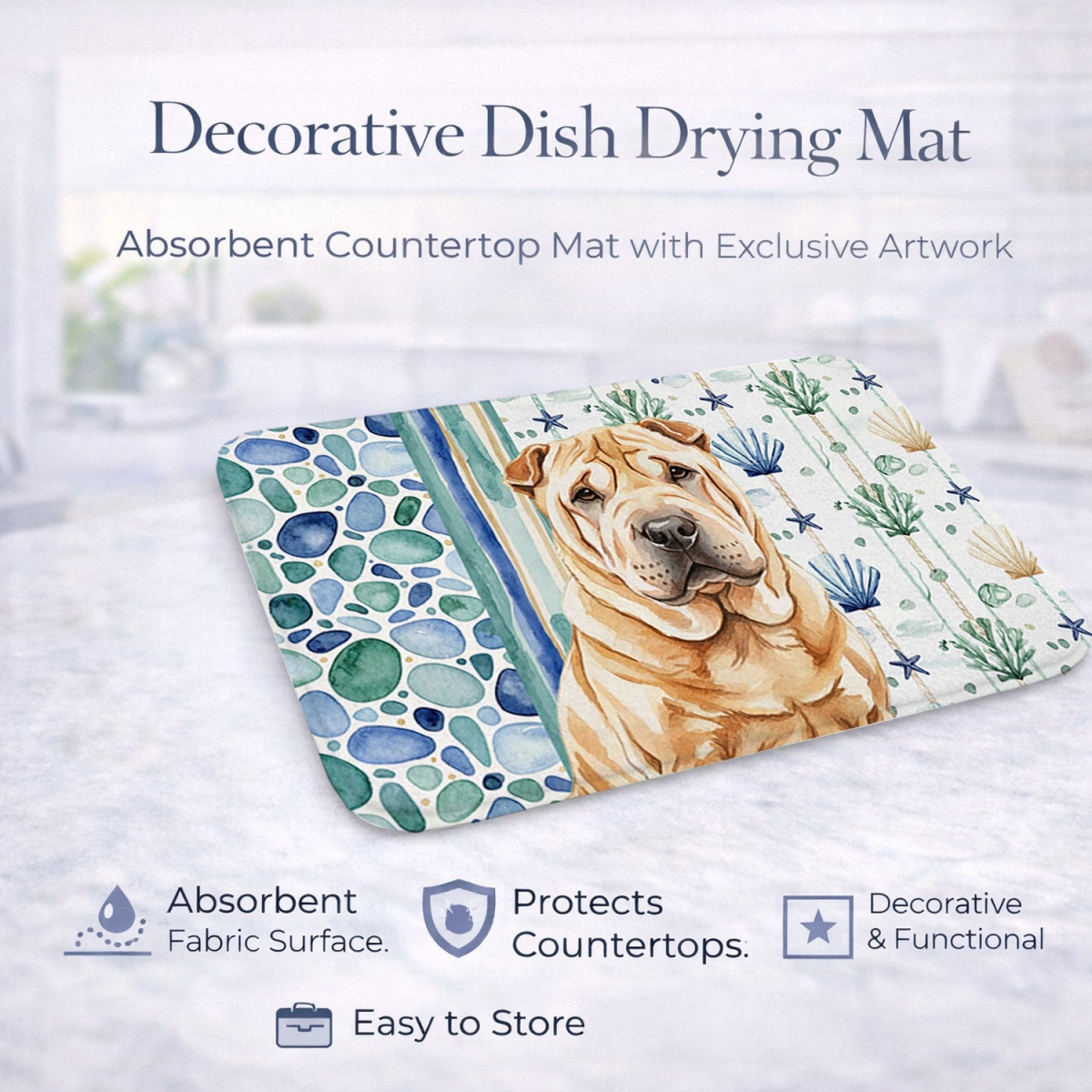 Picture of Carolines Treasures WDK7209DDM 21 x 14 in. Red Shar Pei Coastal Sea Glass Dish Drying Mat