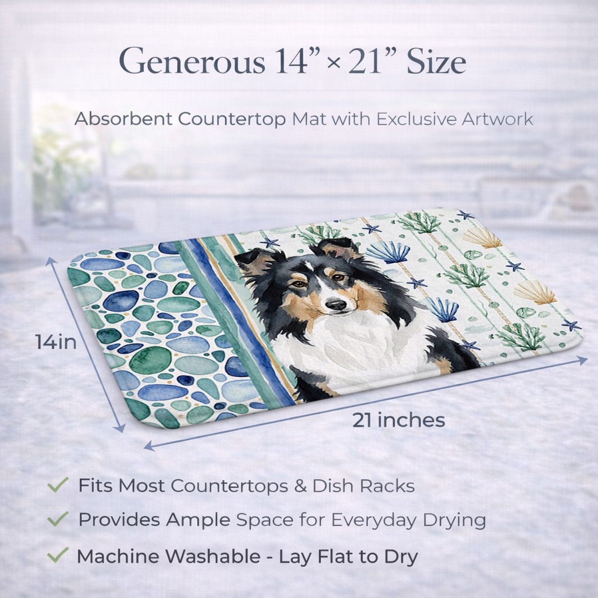 Picture of Carolines Treasures WDK7210DDM 21 x 14 in. Tricolor Sheltie Coastal Sea Glass Dish Drying Mat