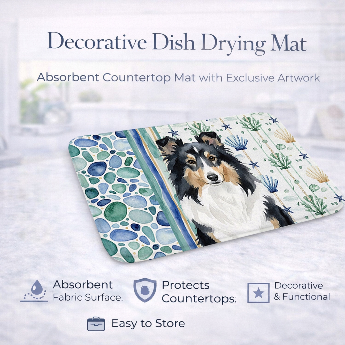 Picture of Carolines Treasures WDK7210DDM 21 x 14 in. Tricolor Sheltie Coastal Sea Glass Dish Drying Mat