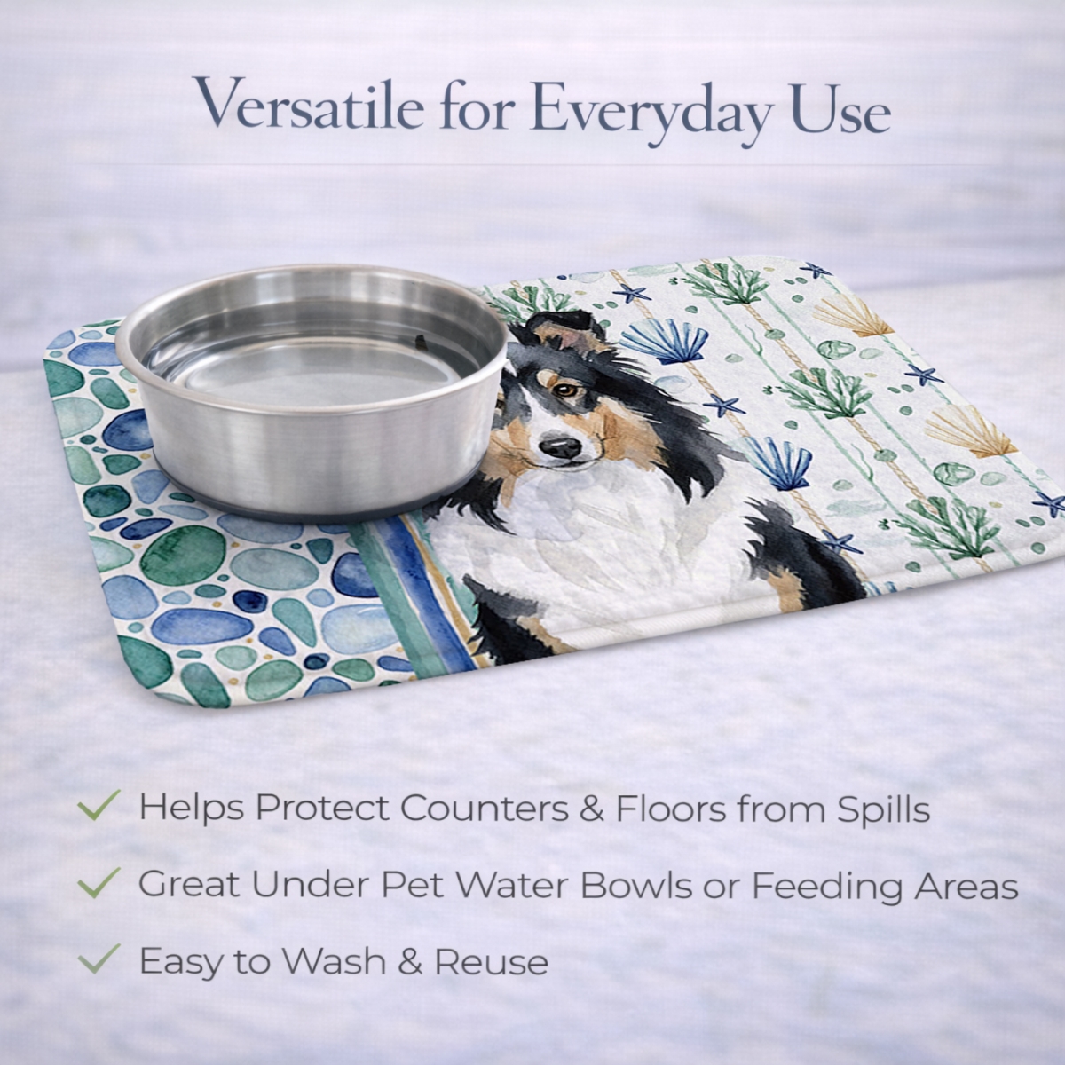 Picture of Carolines Treasures WDK7210DDM 21 x 14 in. Tricolor Sheltie Coastal Sea Glass Dish Drying Mat