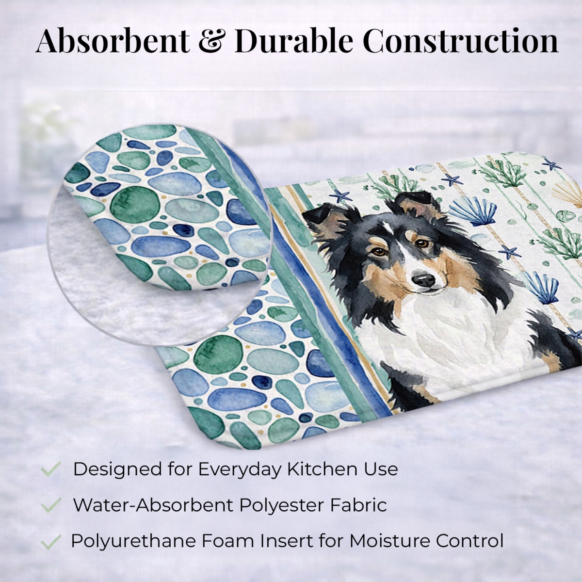 Picture of Carolines Treasures WDK7210DDM 21 x 14 in. Tricolor Sheltie Coastal Sea Glass Dish Drying Mat