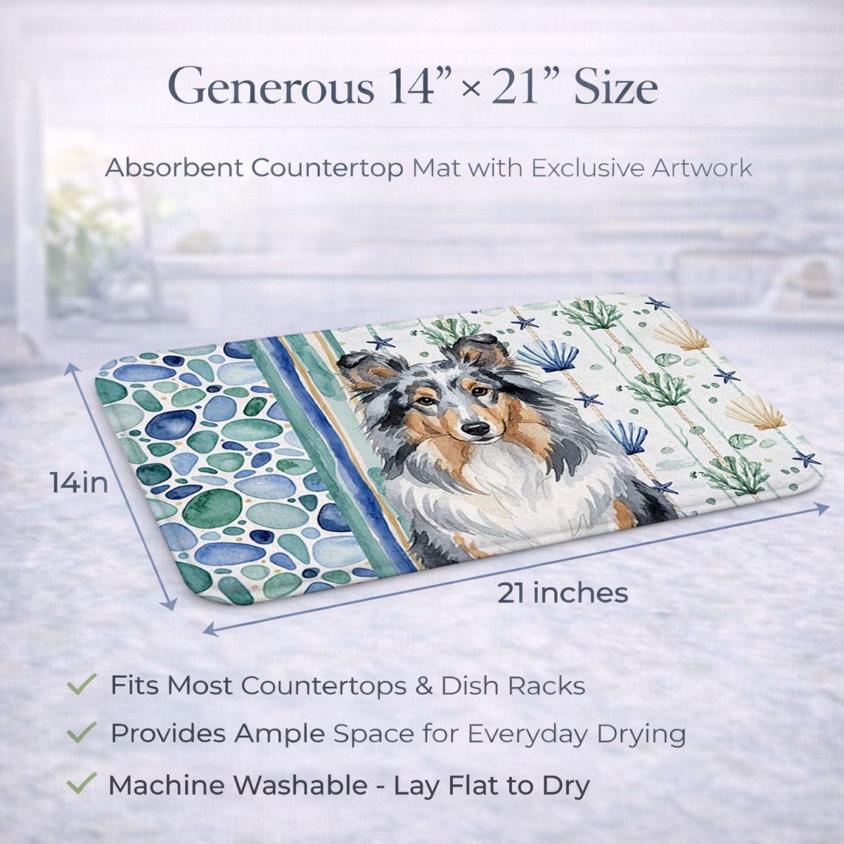 Picture of Carolines Treasures WDK7211DDM 21 x 14 in. Blue Merle Sheltie Coastal Sea Glass Dish Drying Mat