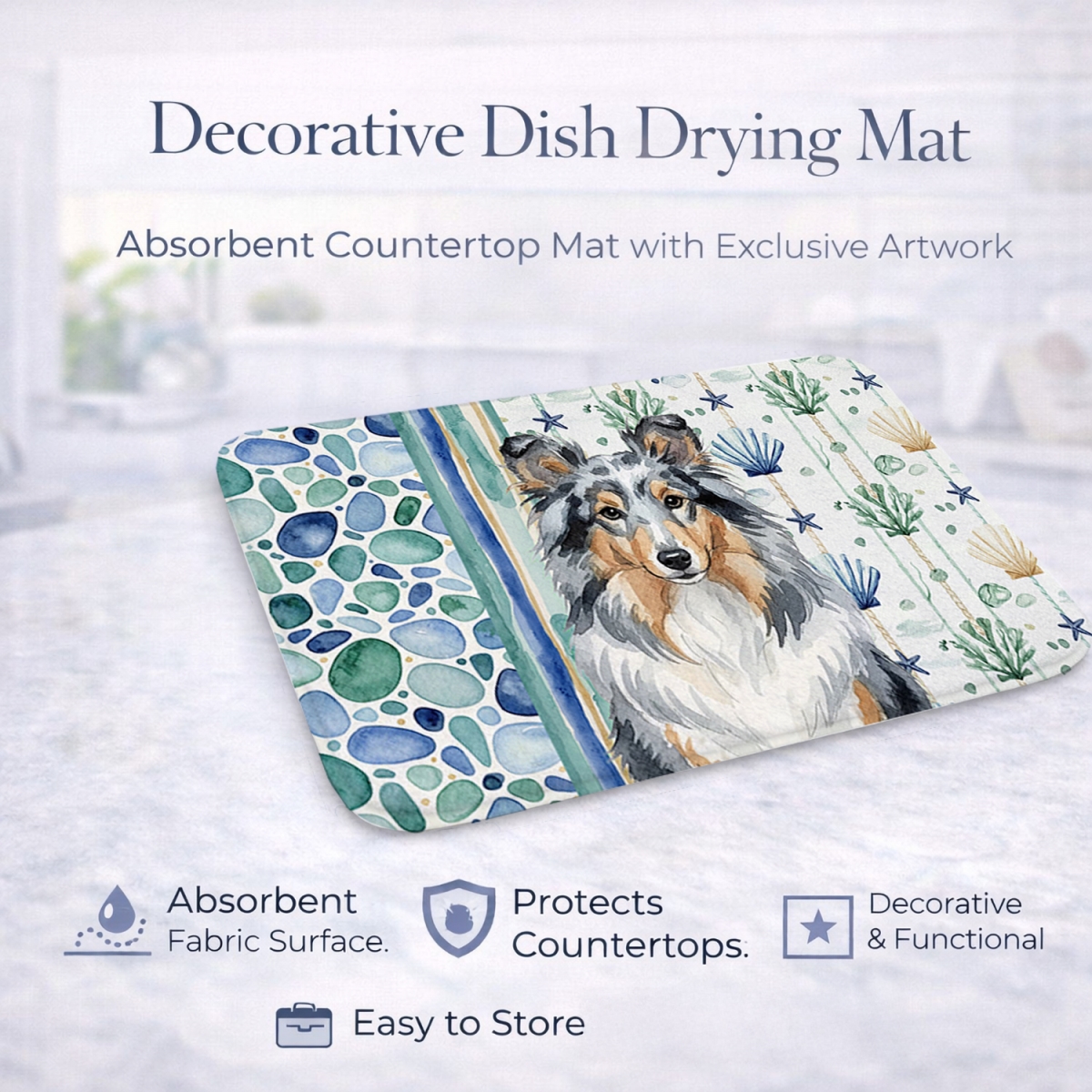 Picture of Carolines Treasures WDK7211DDM 21 x 14 in. Blue Merle Sheltie Coastal Sea Glass Dish Drying Mat
