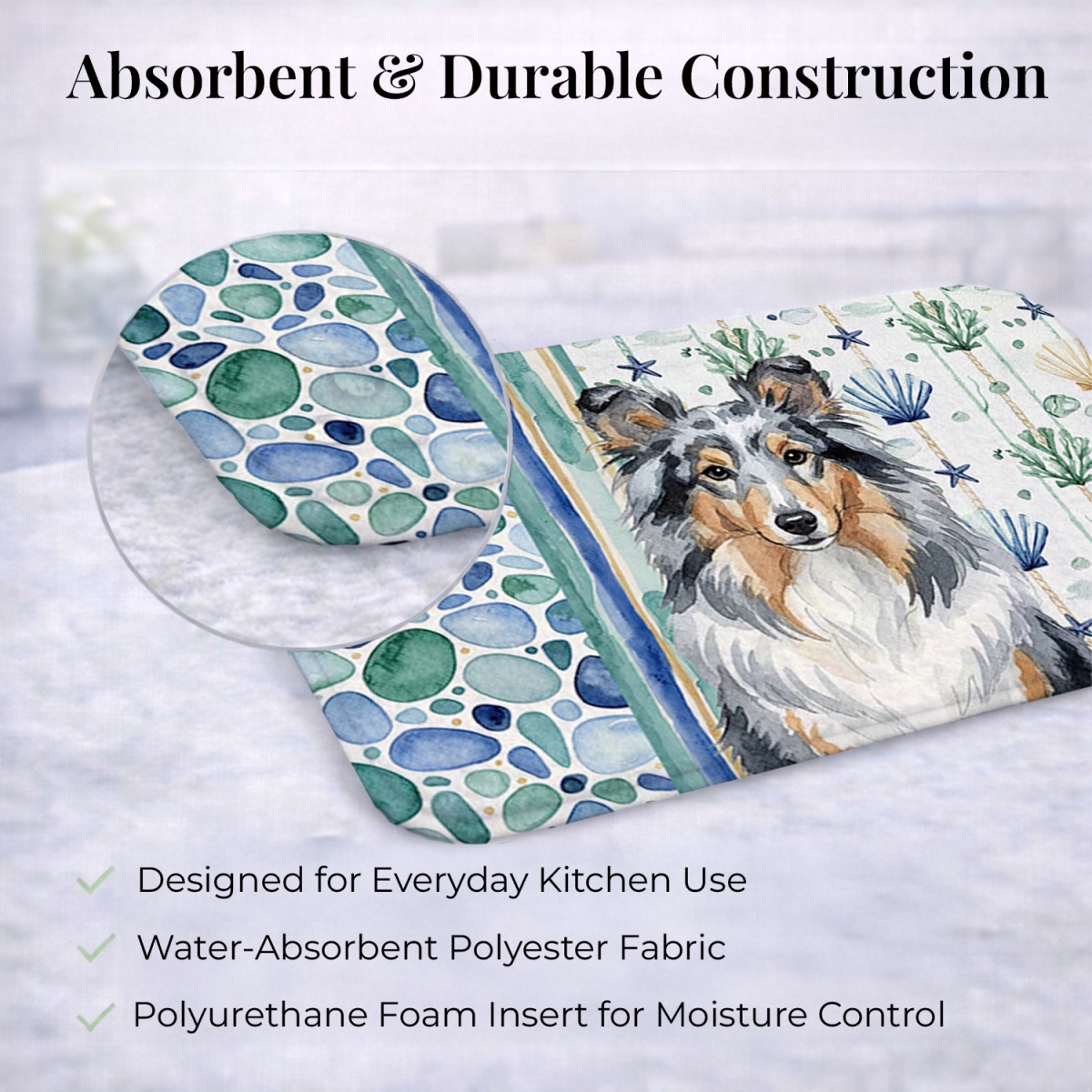Picture of Carolines Treasures WDK7211DDM 21 x 14 in. Blue Merle Sheltie Coastal Sea Glass Dish Drying Mat