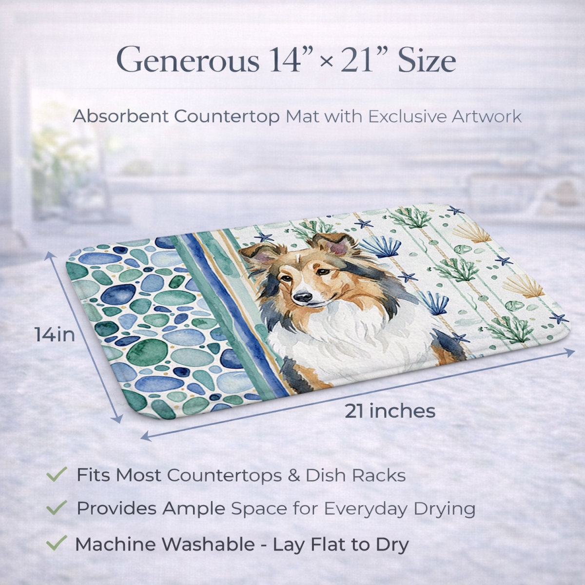 Picture of Carolines Treasures WDK7212DDM 21 x 14 in. Sable Sheltie Coastal Sea Glass Dish Drying Mat