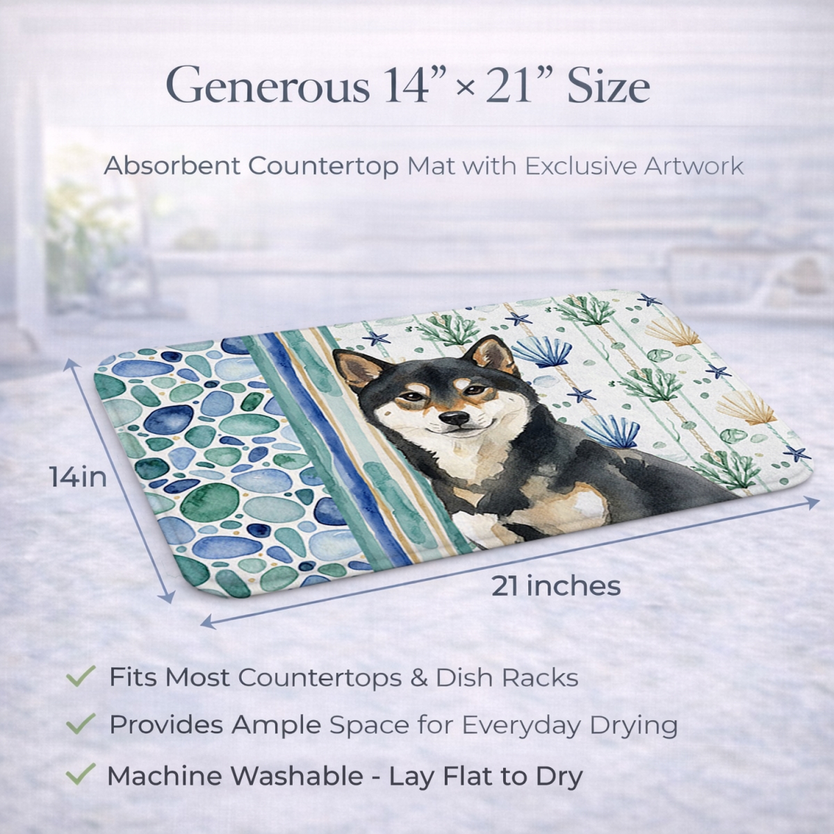 Picture of Carolines Treasures WDK7213DDM 21 x 14 in. Black & Tan Shiba Inu Coastal Sea Glass Dish Drying Mat