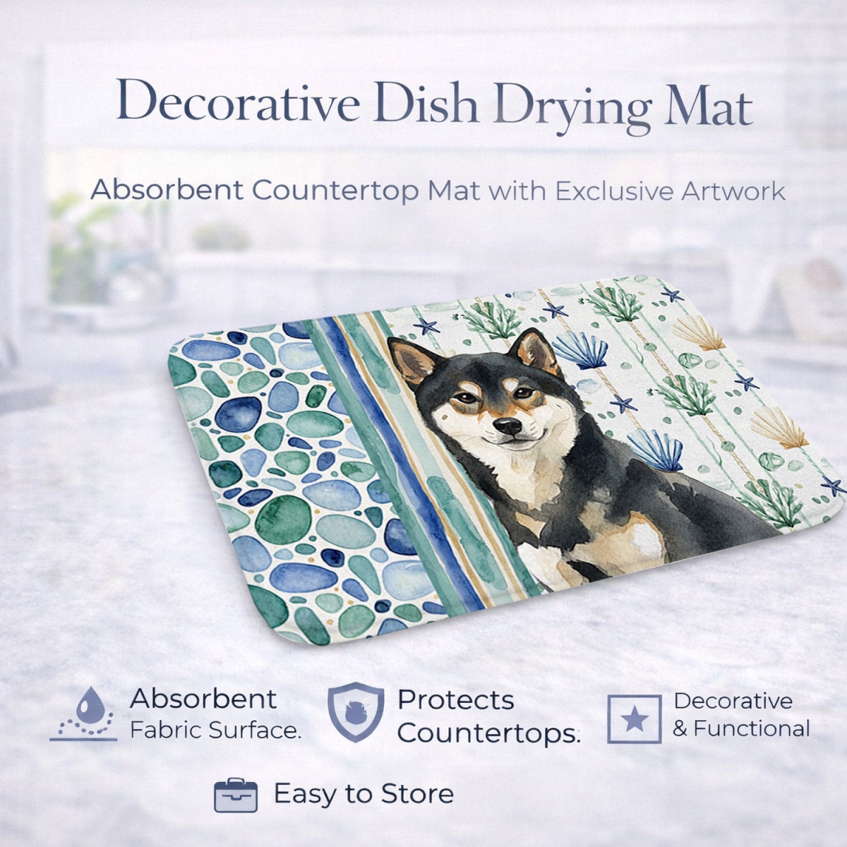 Picture of Carolines Treasures WDK7213DDM 21 x 14 in. Black & Tan Shiba Inu Coastal Sea Glass Dish Drying Mat