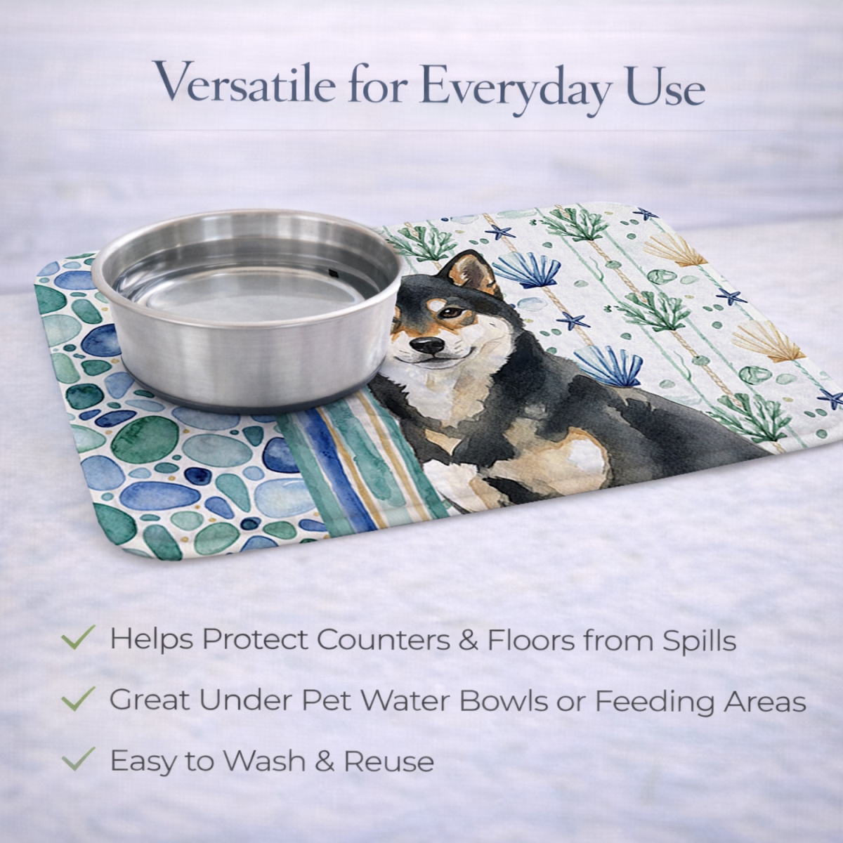 Picture of Carolines Treasures WDK7213DDM 21 x 14 in. Black & Tan Shiba Inu Coastal Sea Glass Dish Drying Mat