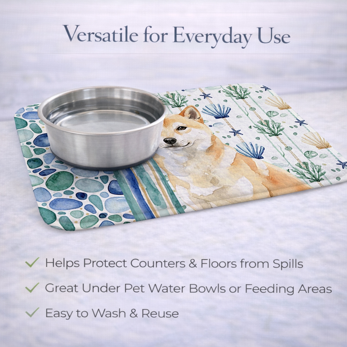 Picture of Carolines Treasures WDK7214DDM 21 x 14 in. Cream Shiba Inu Coastal Sea Glass Dish Drying Mat