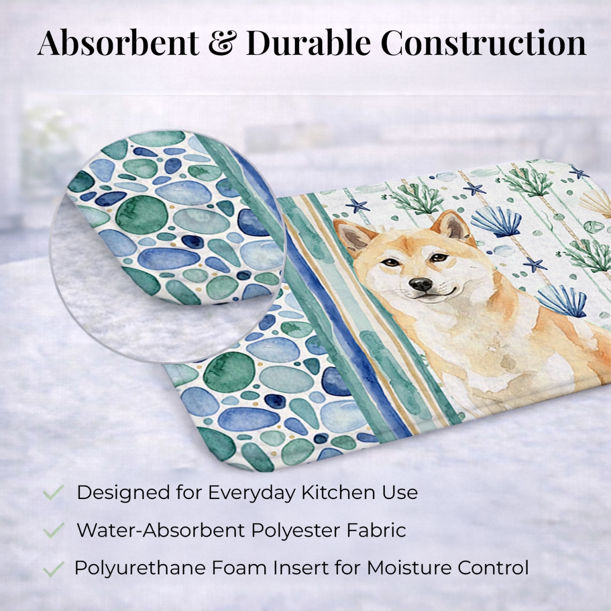 Picture of Carolines Treasures WDK7214DDM 21 x 14 in. Cream Shiba Inu Coastal Sea Glass Dish Drying Mat