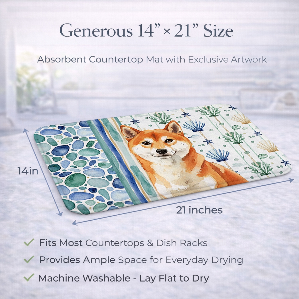 Picture of Carolines Treasures WDK7215DDM 21 x 14 in. Red Shiba Inu Coastal Sea Glass Dish Drying Mat