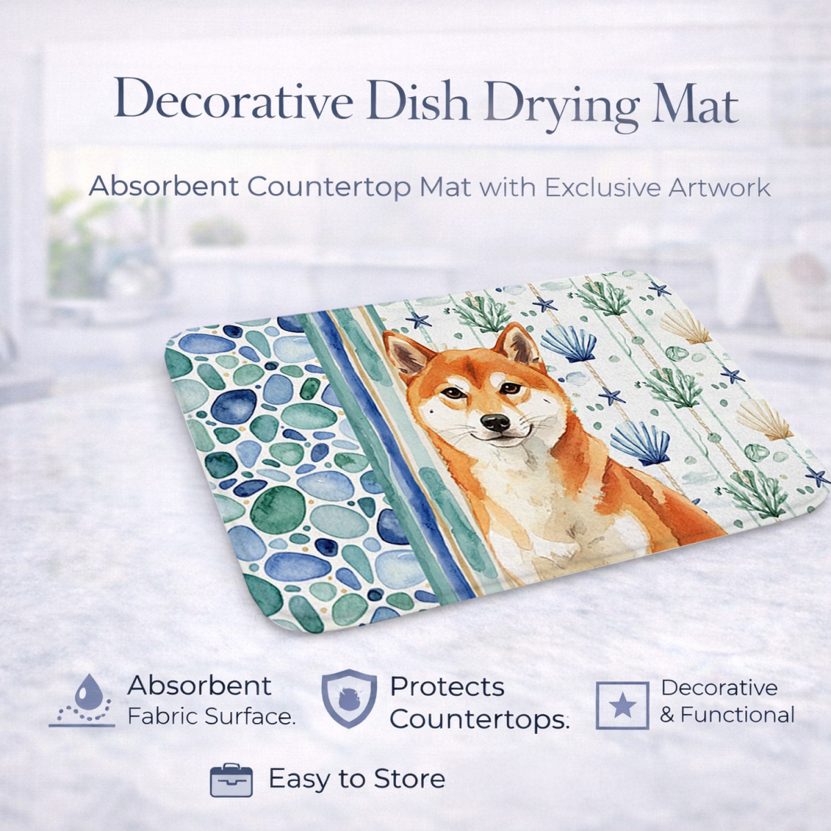 Picture of Carolines Treasures WDK7215DDM 21 x 14 in. Red Shiba Inu Coastal Sea Glass Dish Drying Mat