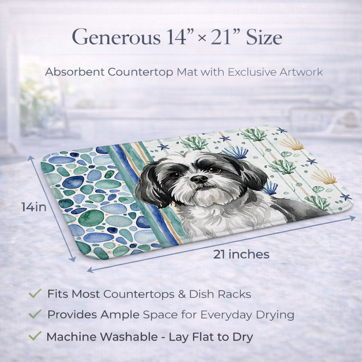 Picture of Carolines Treasures WDK7216DDM 21 x 14 in. Black & White Shih Tzu Coastal Sea Glass Dish Drying Mat