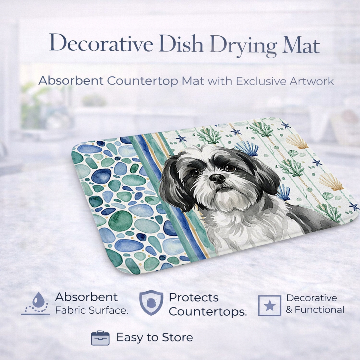 Picture of Carolines Treasures WDK7216DDM 21 x 14 in. Black & White Shih Tzu Coastal Sea Glass Dish Drying Mat