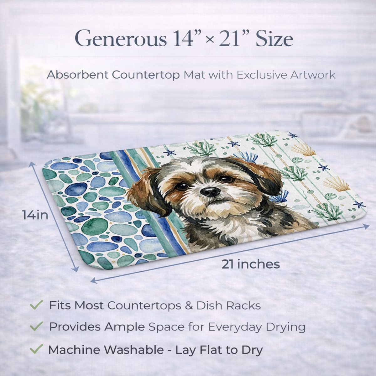 Picture of Carolines Treasures WDK7217DDM 21 x 14 in. Brindle Shih Tzu Coastal Sea Glass Dish Drying Mat