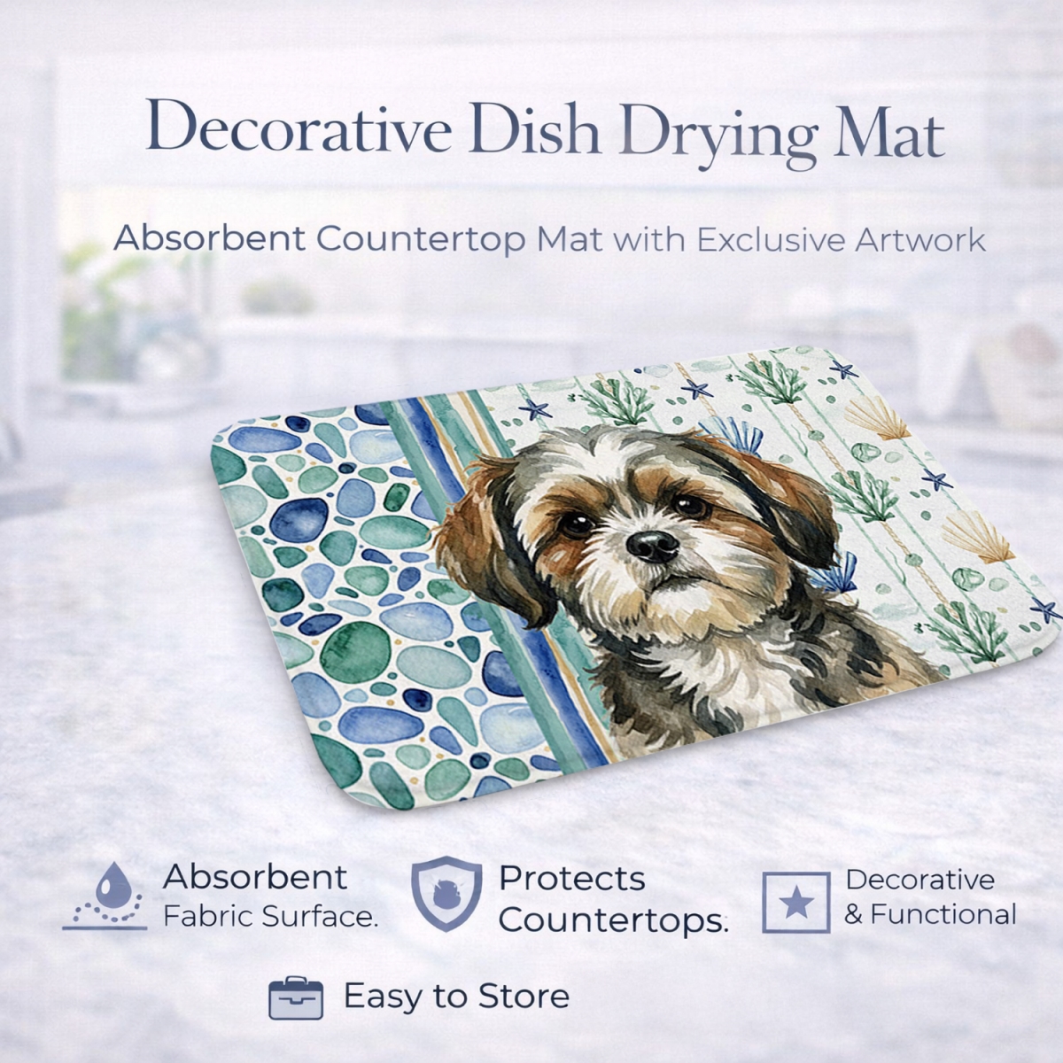 Picture of Carolines Treasures WDK7217DDM 21 x 14 in. Brindle Shih Tzu Coastal Sea Glass Dish Drying Mat