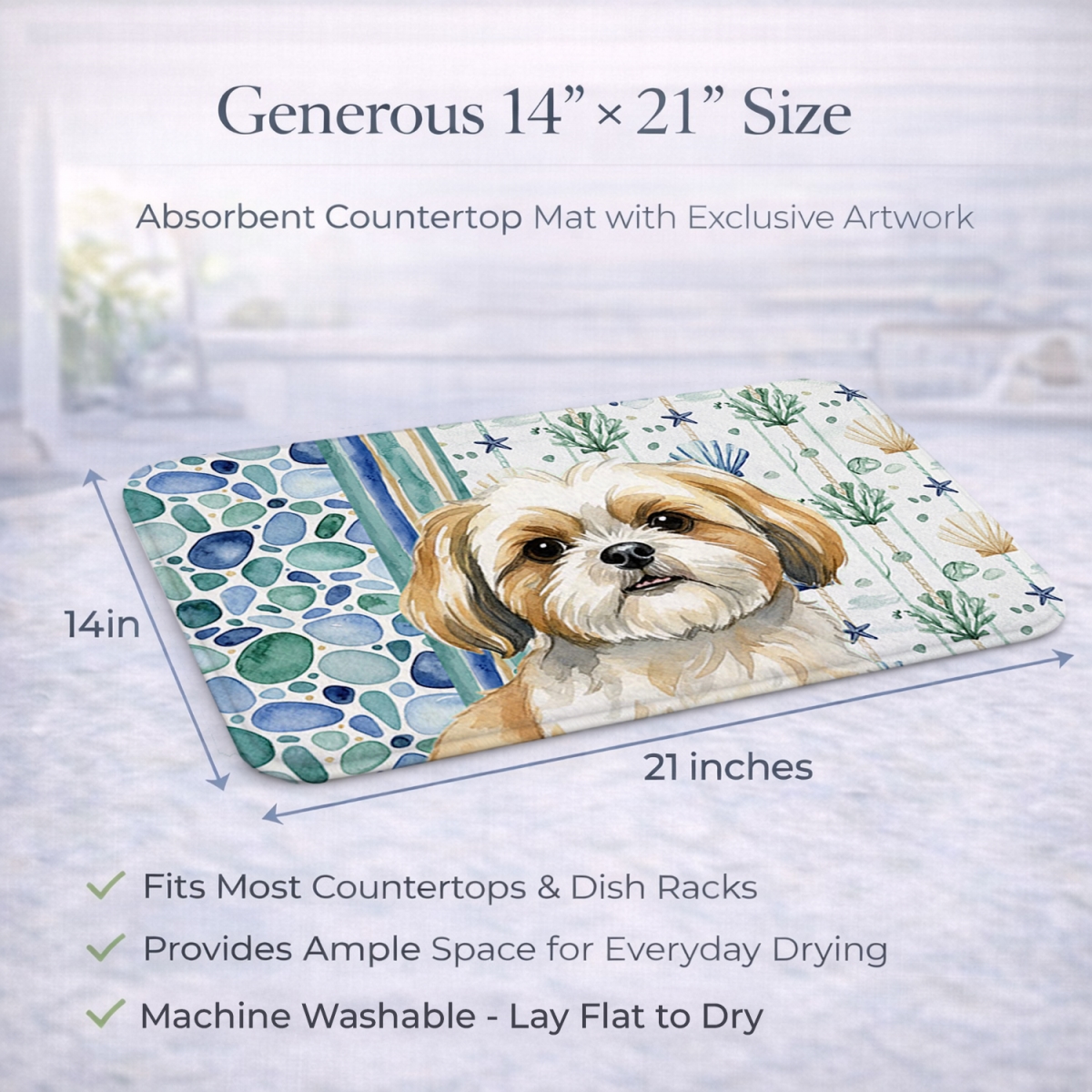 Picture of Carolines Treasures WDK7218DDM 21 x 14 in. Gold & White Shih Tzu Coastal Sea Glass Dish Drying Mat