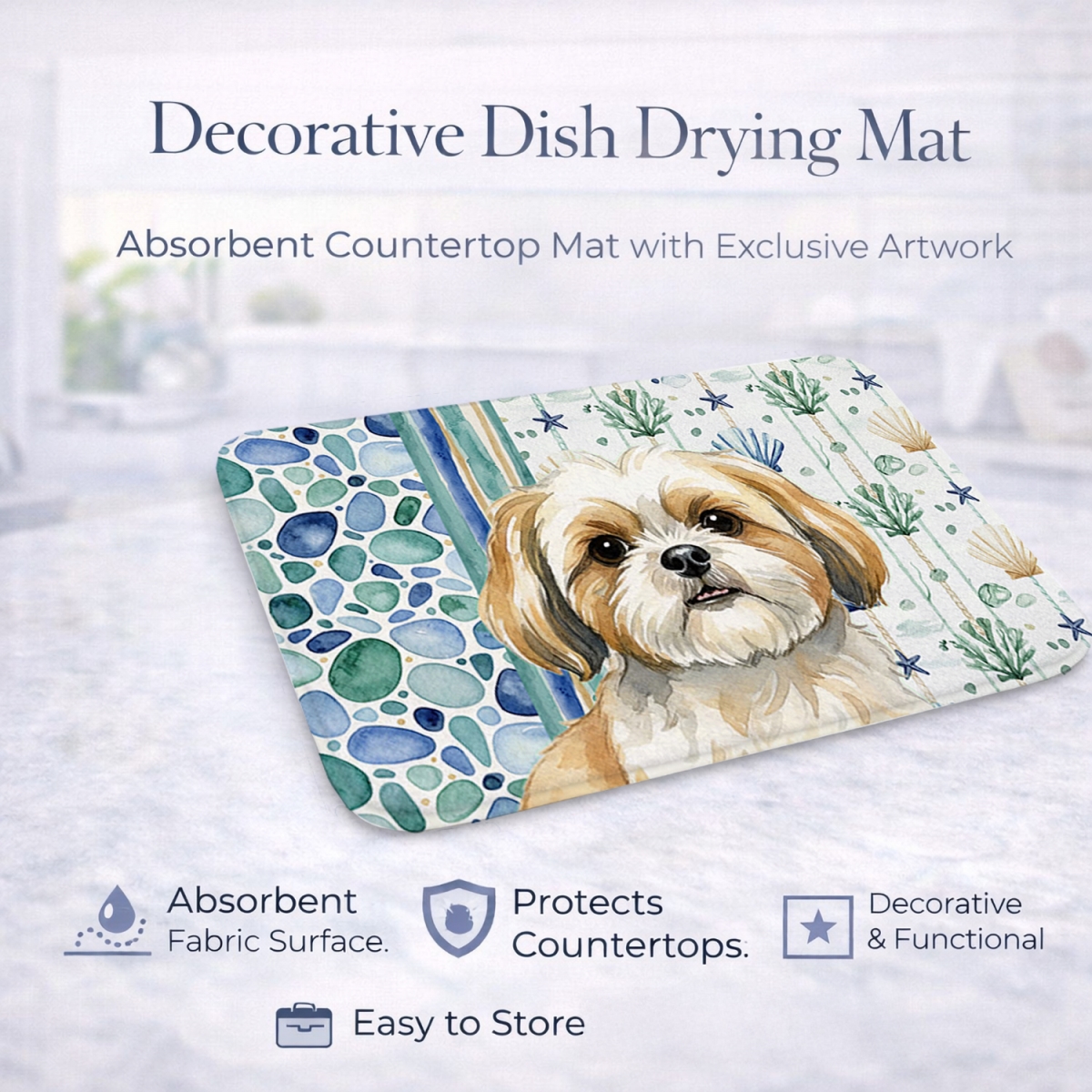 Picture of Carolines Treasures WDK7218DDM 21 x 14 in. Gold & White Shih Tzu Coastal Sea Glass Dish Drying Mat