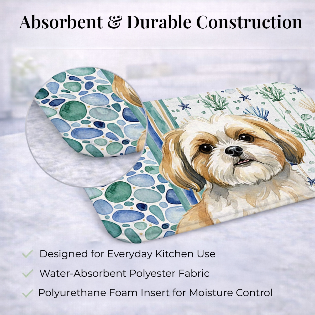 Picture of Carolines Treasures WDK7218DDM 21 x 14 in. Gold & White Shih Tzu Coastal Sea Glass Dish Drying Mat