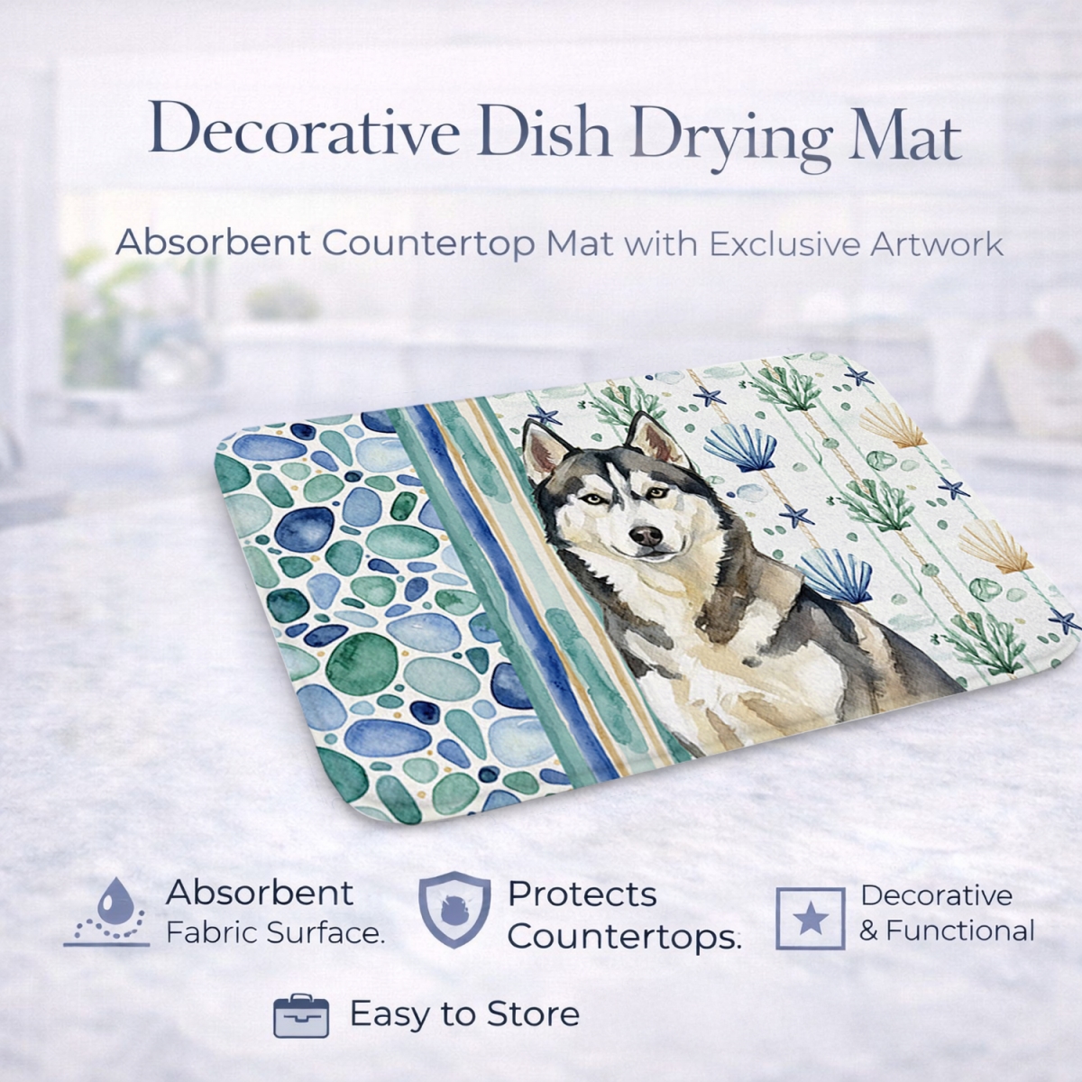 Picture of Carolines Treasures WDK7220DDM 21 x 14 in. Agouti Siberian Husky Coastal Sea Glass Dish Drying Mat
