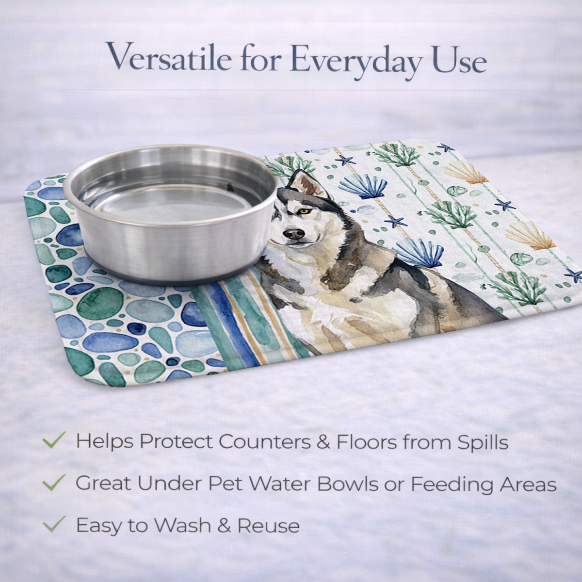 Picture of Carolines Treasures WDK7220DDM 21 x 14 in. Agouti Siberian Husky Coastal Sea Glass Dish Drying Mat