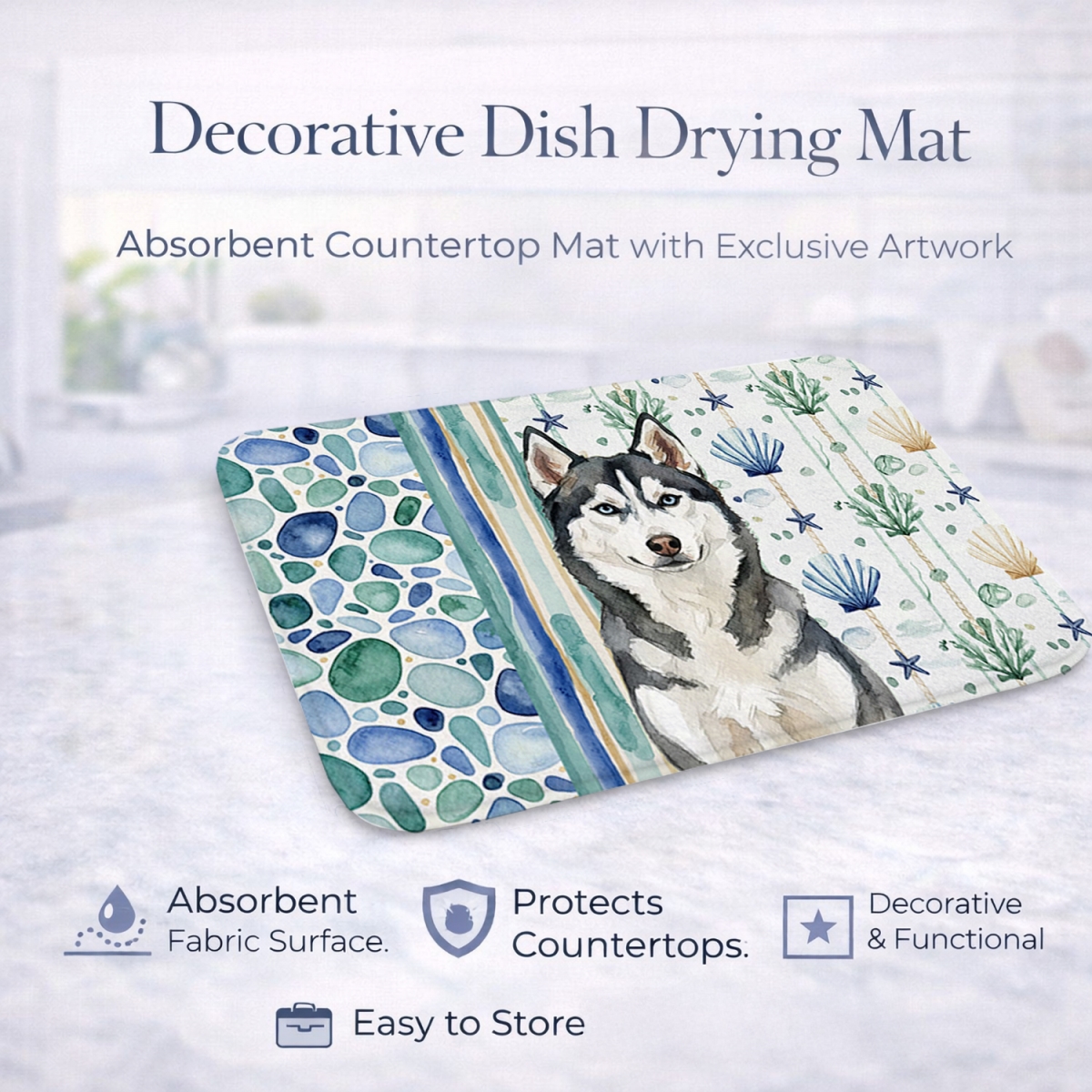 Picture of Carolines Treasures WDK7221DDM 21 x 14 in. Siberian Husky Coastal Sea Glass Dish Drying Mat