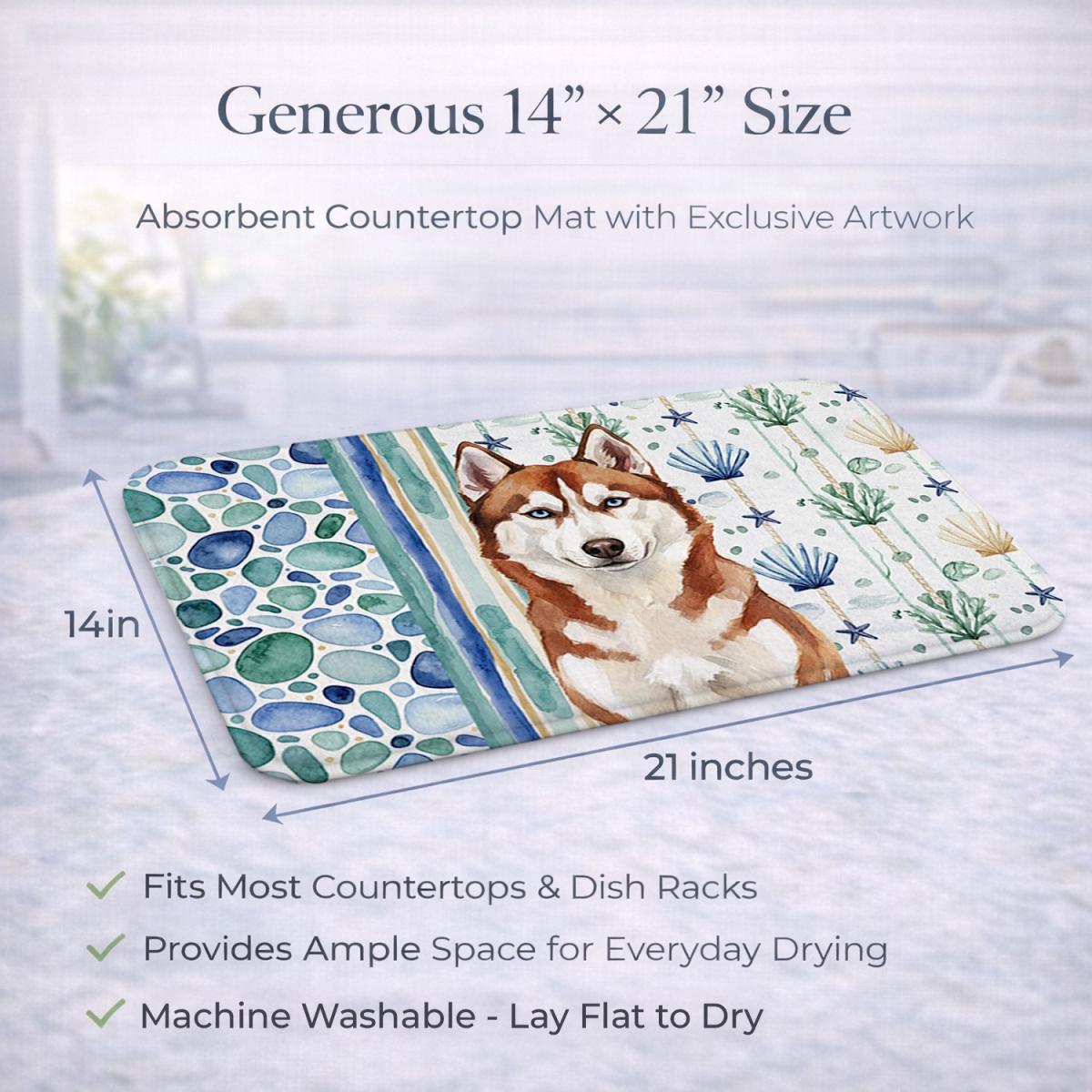 Picture of Carolines Treasures WDK7222DDM 21 x 14 in. Red & White Siberian Husky Coastal Sea Glass Dish Drying Mat