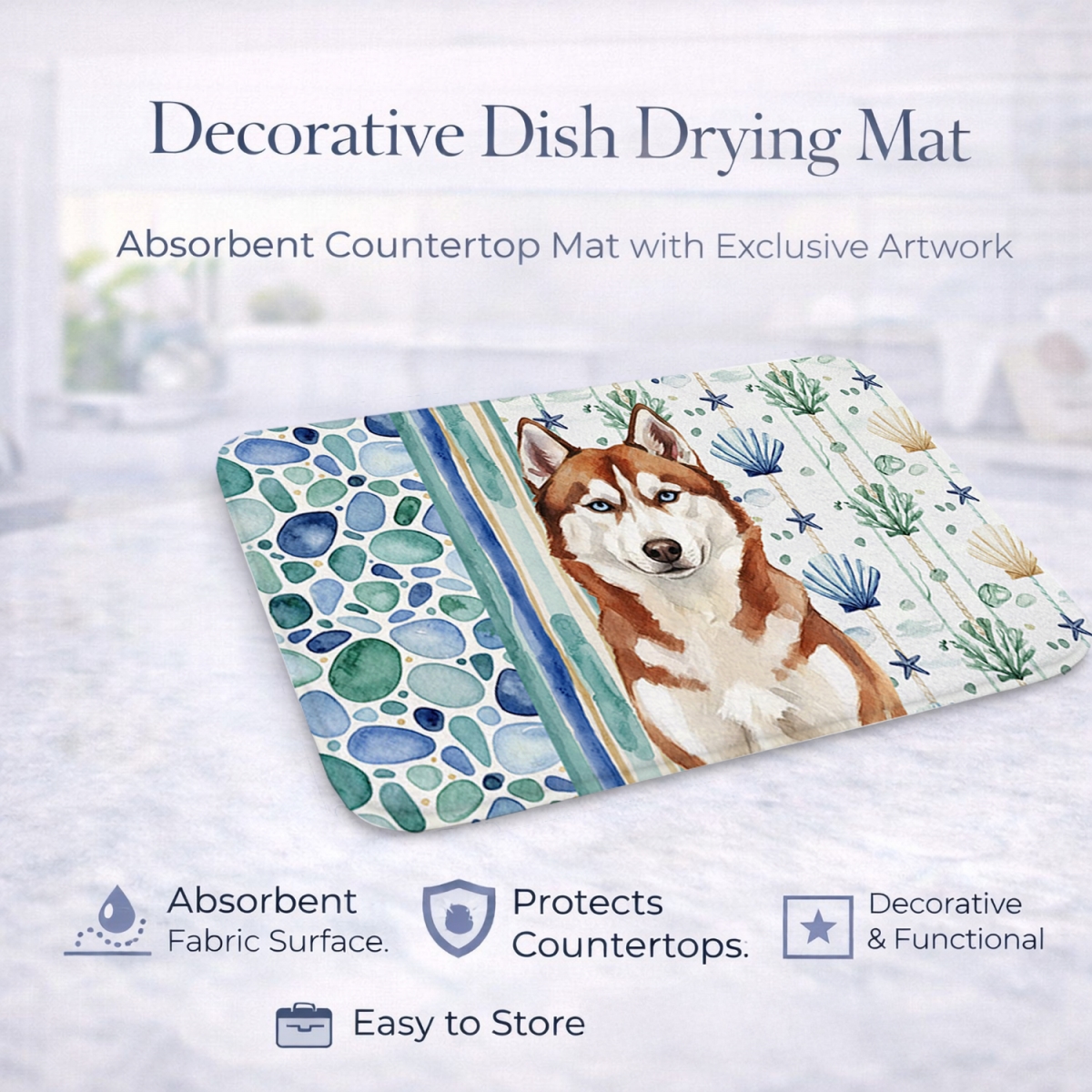 Picture of Carolines Treasures WDK7222DDM 21 x 14 in. Red & White Siberian Husky Coastal Sea Glass Dish Drying Mat